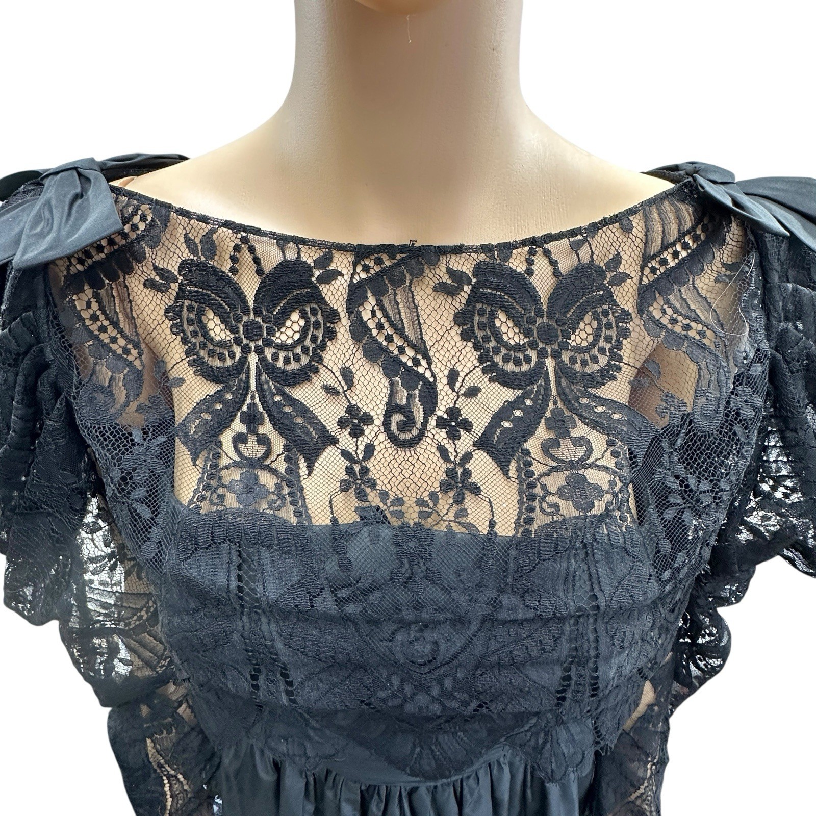 Vtg Sara Fredericks Black Strapless Taffeta & Lace Dress w/Lace Top S/M /cb