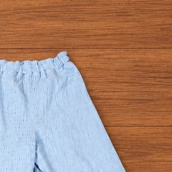 Grandmacore Textured Wide Leg Pull On Pants Light Blue Crinkle High Rise Vintage