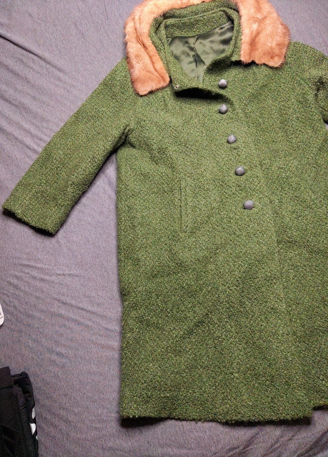 Vintage Midbrooke NY Mink Coat Fur Trim Collar Green Princess Line Mid Century