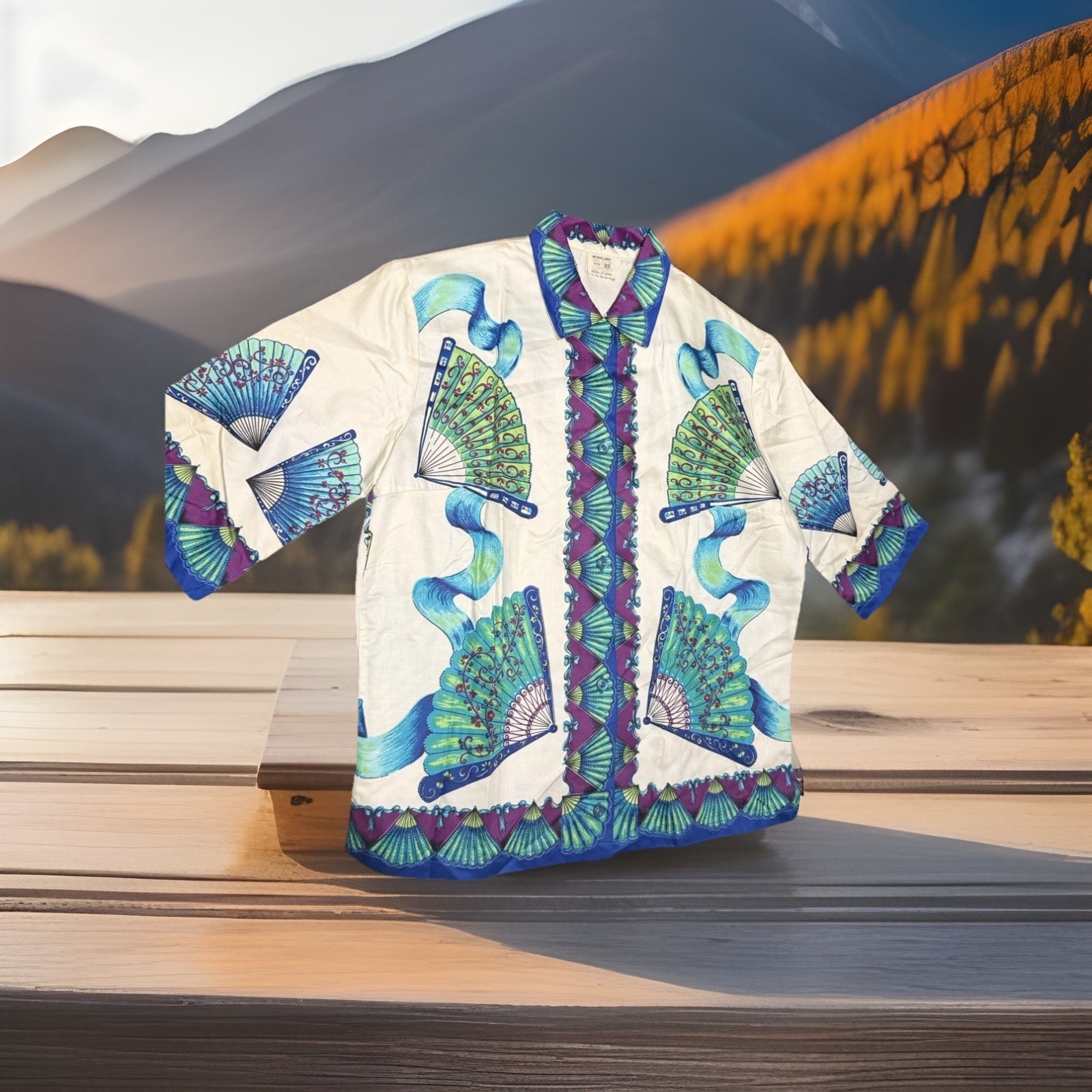 VTG 60s 70s Japanese Cotton Fan Print Blouse Shirt Mod Boho S 32 NOS