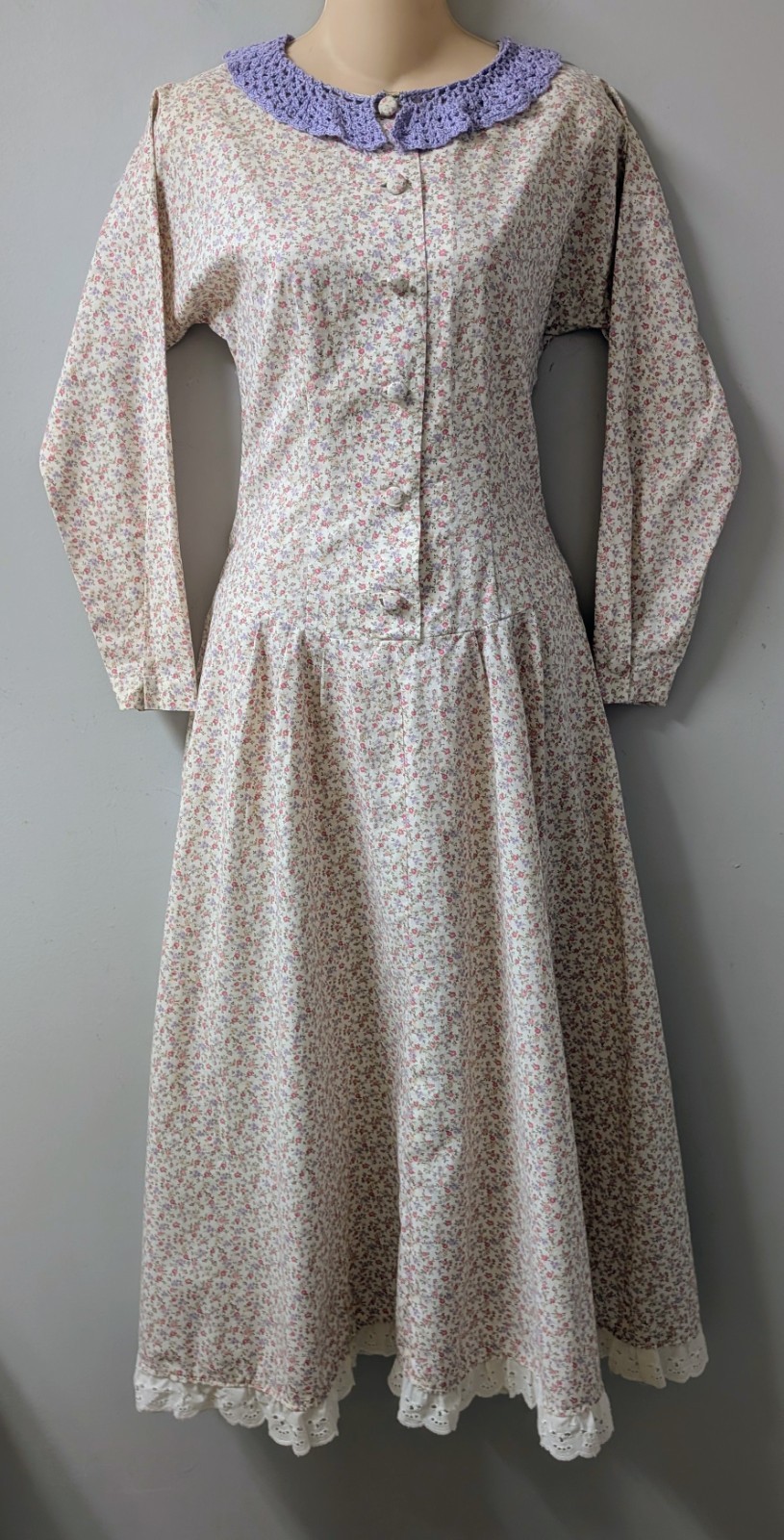 Vintage 40’s 50’s Tiny Floral Prairie House Dress Crochet Collar Chore Flaws S