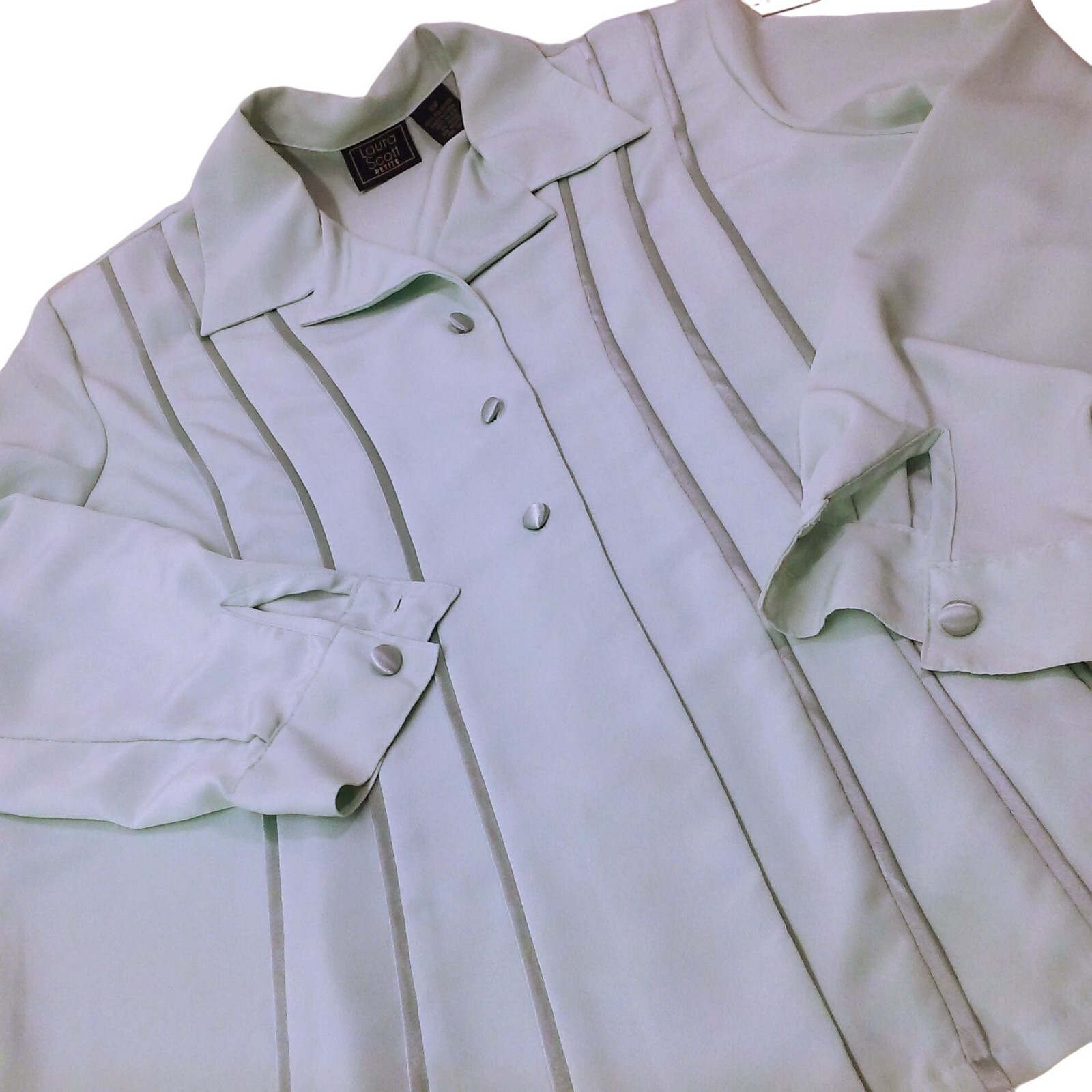 Vintage 90s Laura Scott Petite Blouse -10P Satin Stripe Power Shoulder Mint