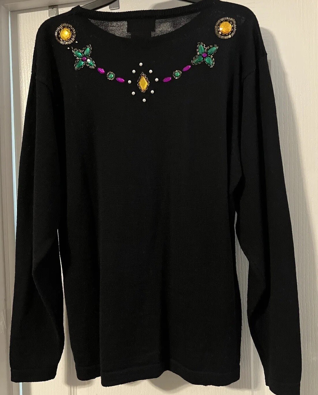 VTG Doncaster Sweater Women LG Black Bedazzled Neckline Wool Blend Castlecore
