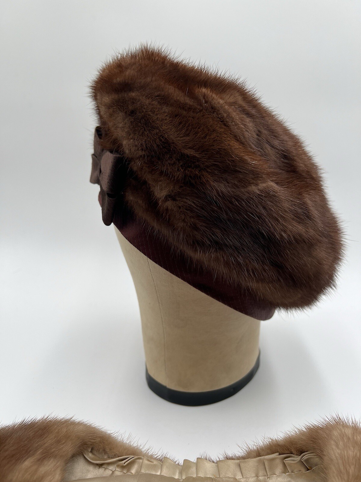 VTG Mink Fur Stole& Hat Shawl Collar Shoulder Wrap Brown O/S 60s 50s