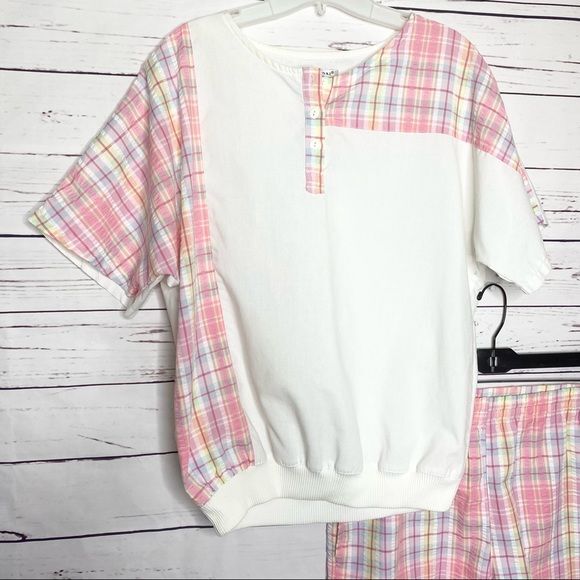 Vintage 80’s Pink Plaid Preppy Seersucker Top and Shorts 2 Piece Set Size Small