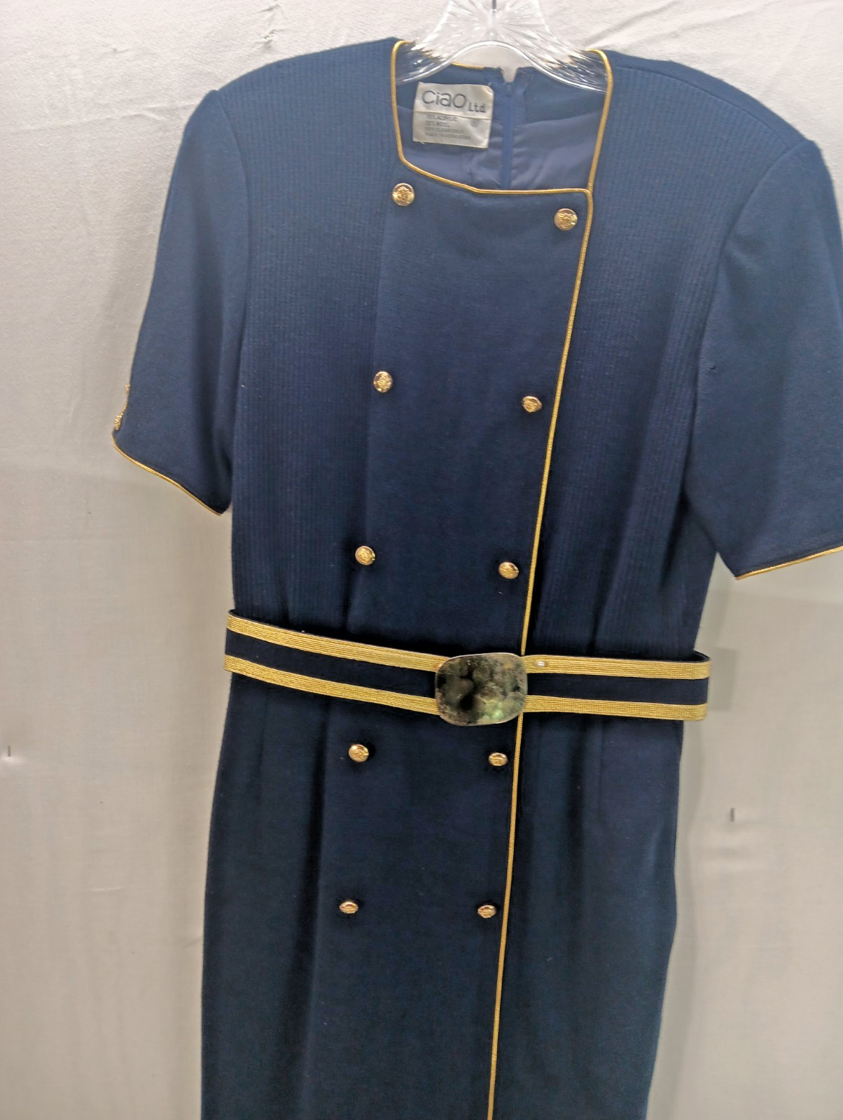 Vintage CIAO Ltd Navy Blue Wool Knit Dress Sz 8 Shoulder Pads Pockets 1970s