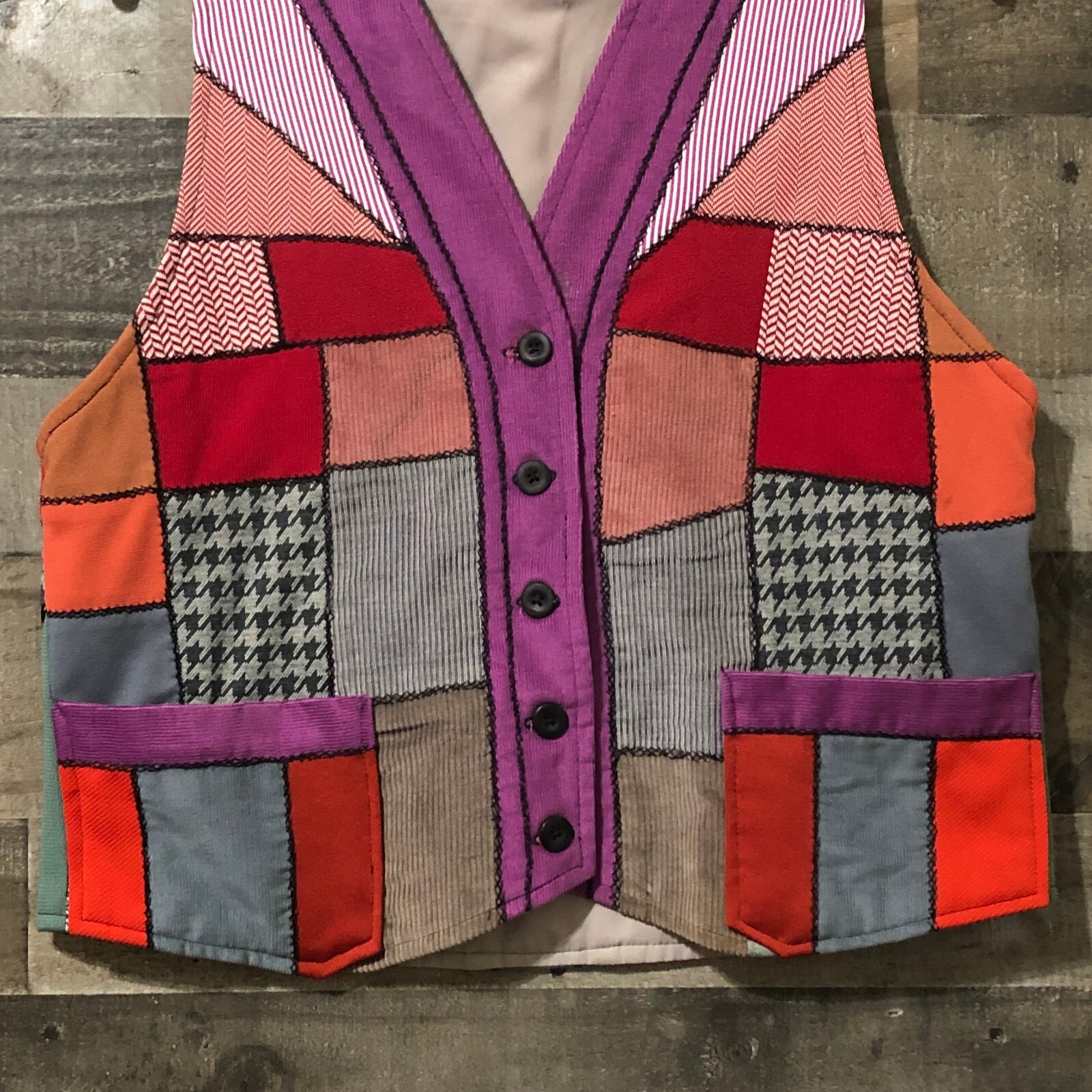 Patchwork Womens Dopamine Quilted Hand Crafted Artsy Vest Vtg Folk Hippie L