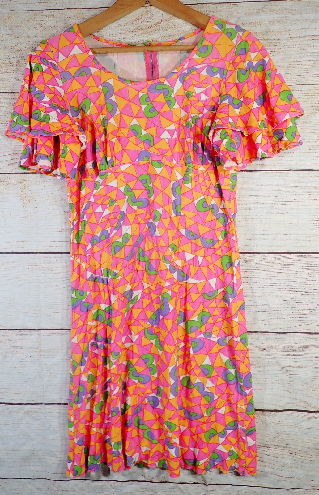 Vintage 60s Mod Psychedelic Geometric Hippie Flutter Sleeve Mini Dress XS Petite
