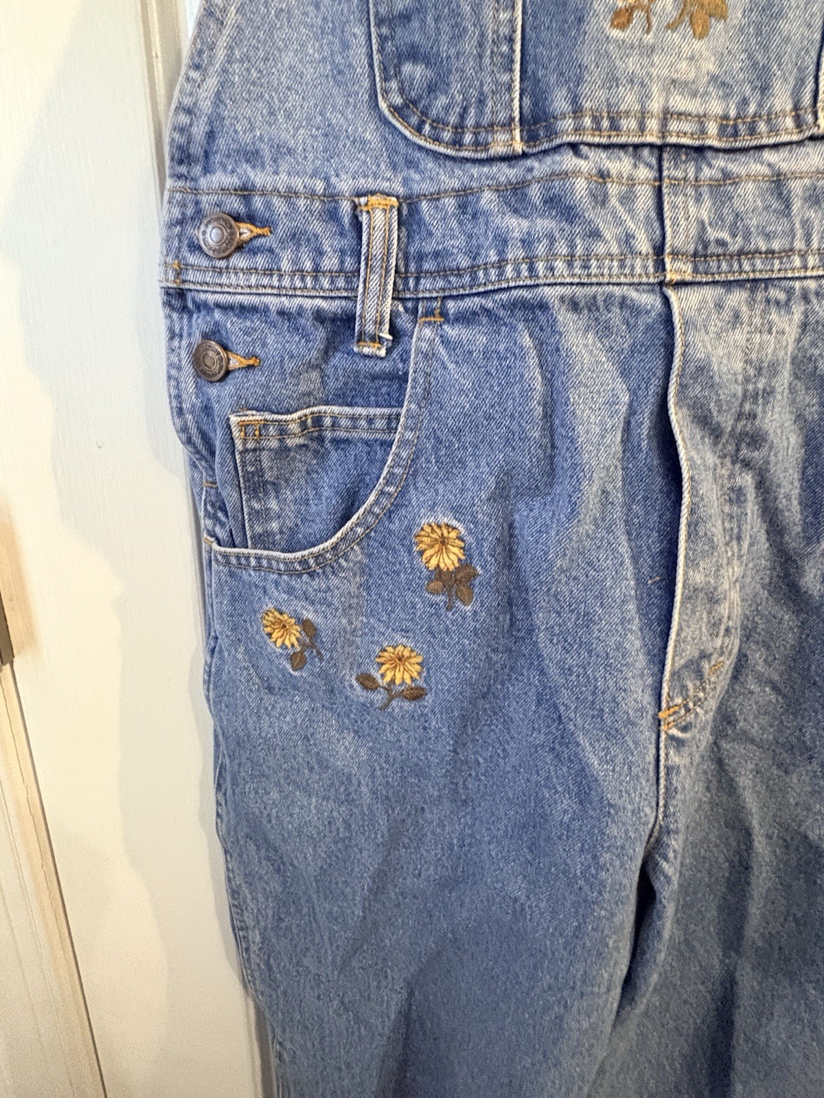 VTG 80s Jordace Bib Overalls Denim Dungarees With Embroidered Flowers Size Medi