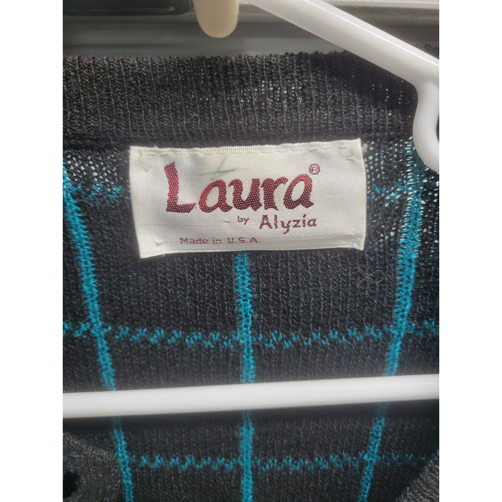 Vintage Laura by Alyzia Teal Black Grid Cardigan Sweater Gold Buttons USA Made