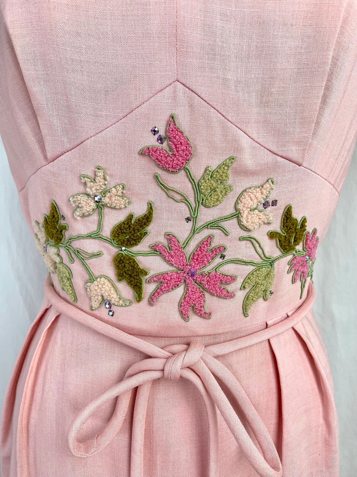 Vintage 60s Small Fashionmaker Original pink with soutache waist belted Dress