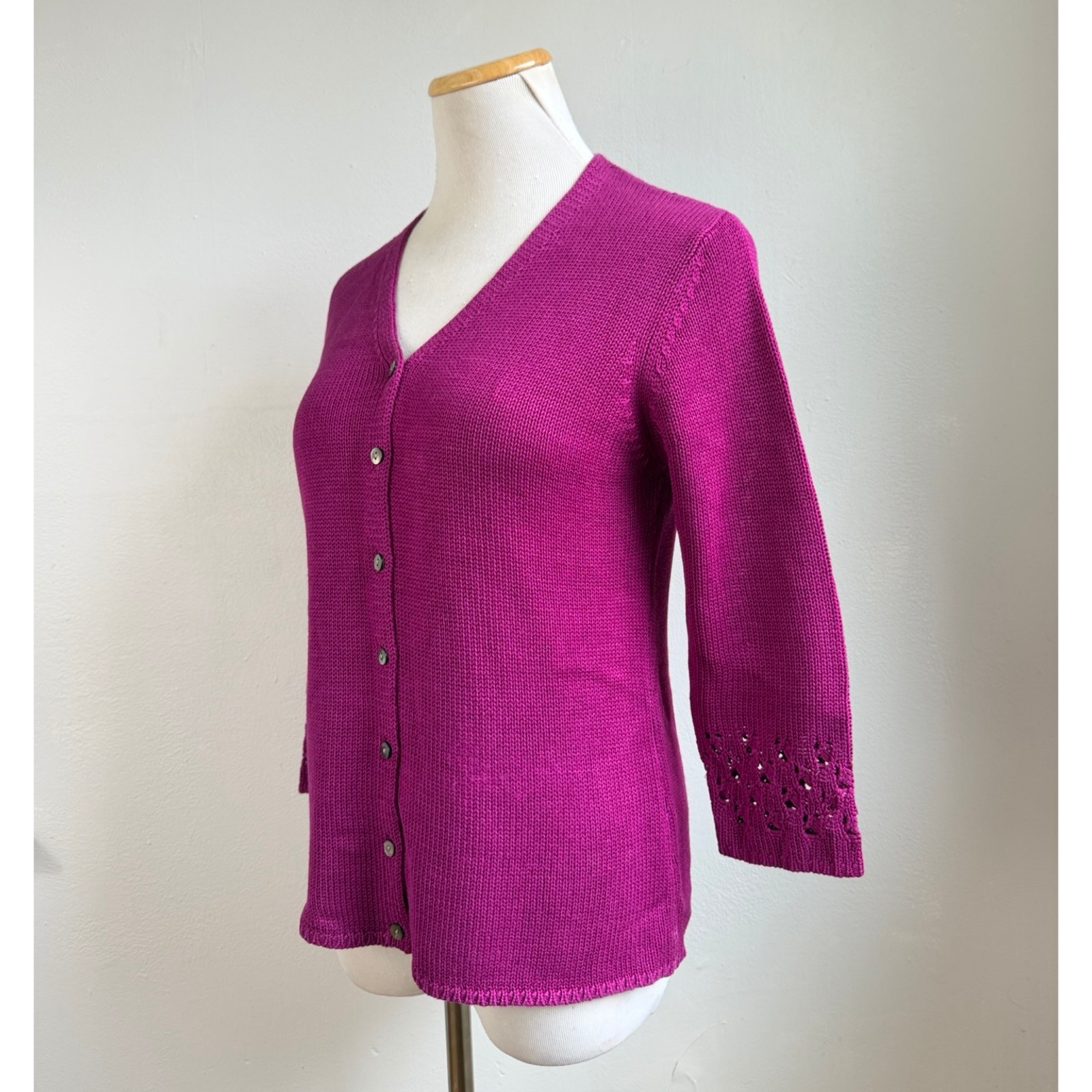 Vintage Knit Silk Cardigan Sweater Size Small 90s Magenta Purple 3/4 Sleeve