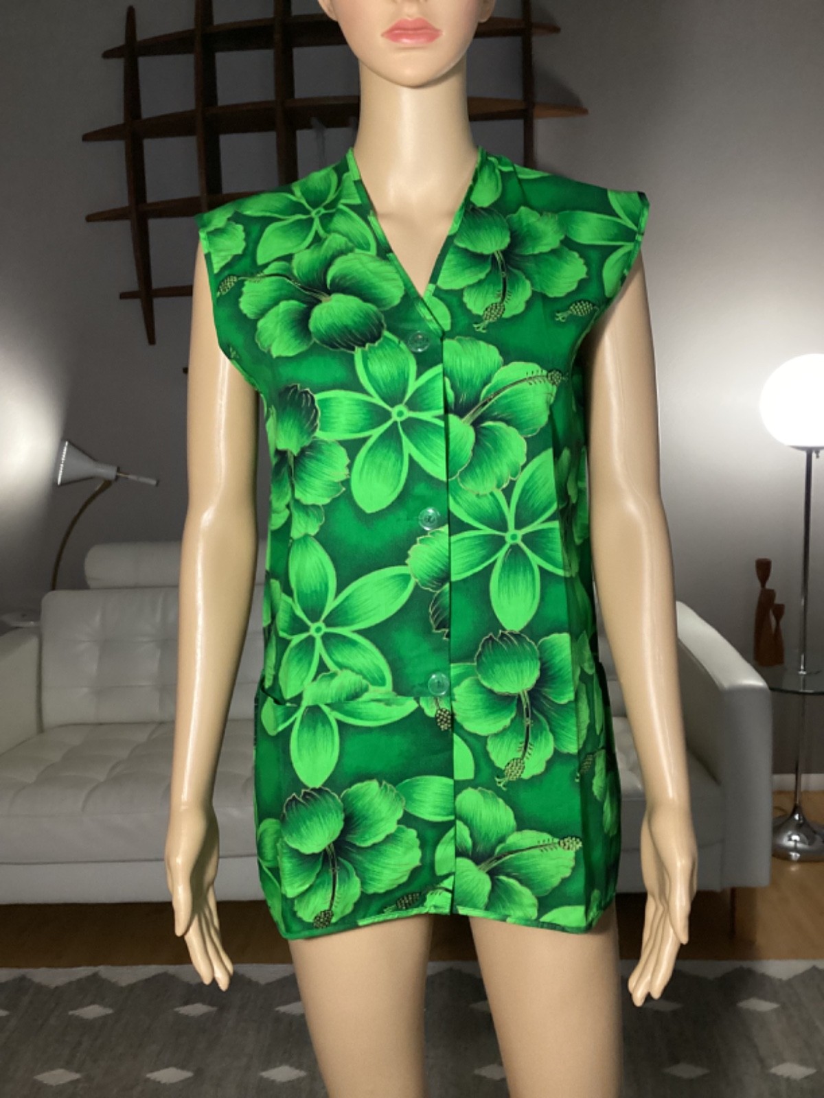 Vintage 60’s Deadstock Cotton Artistic Apron House Hawaiian Tunic Top Hibiscus