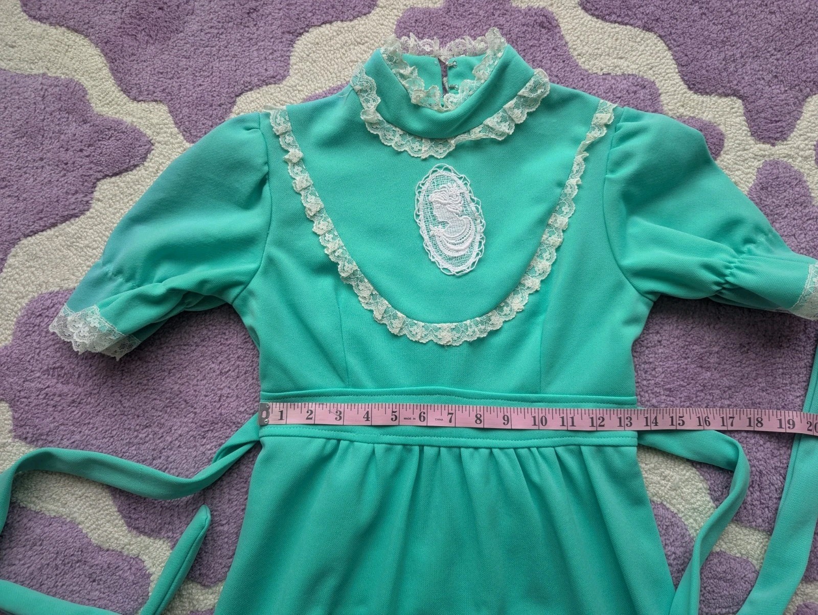 Vintage 70’s Victorian Cameo Mint Green Polyester Puff Sleeve Mini Dress Size XS