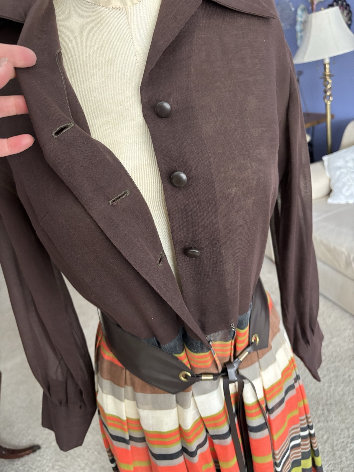 VTG 1970s Maxi Dress Retro Mod Stripe Belt Semi Sheer Brown Orange B34″ W28″ M