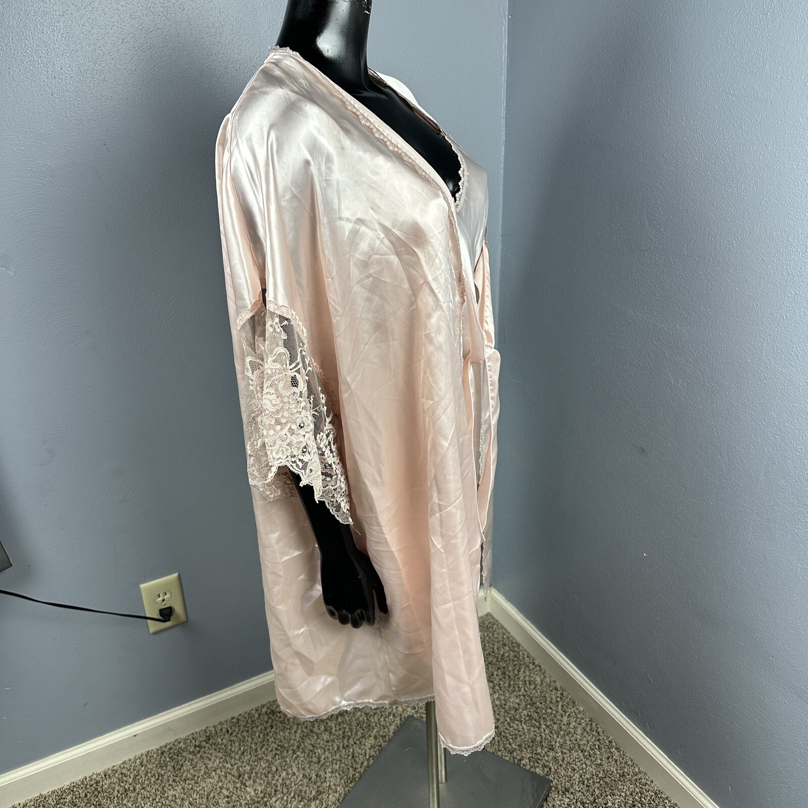 Vtg Lady Cameo Robe & Chemise Nighty Slip Dress Silky Pink Mauve Lace Set Sz L