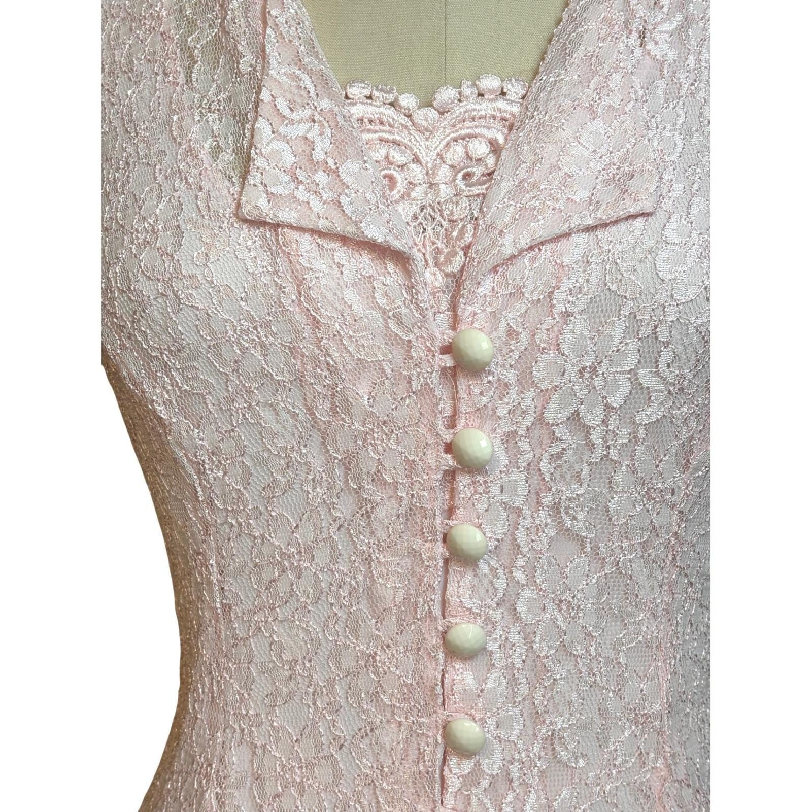 90s Dawn Joy Fashions Lace Midi Romantic Dress Womens 6 Pink Vintage Corset Back