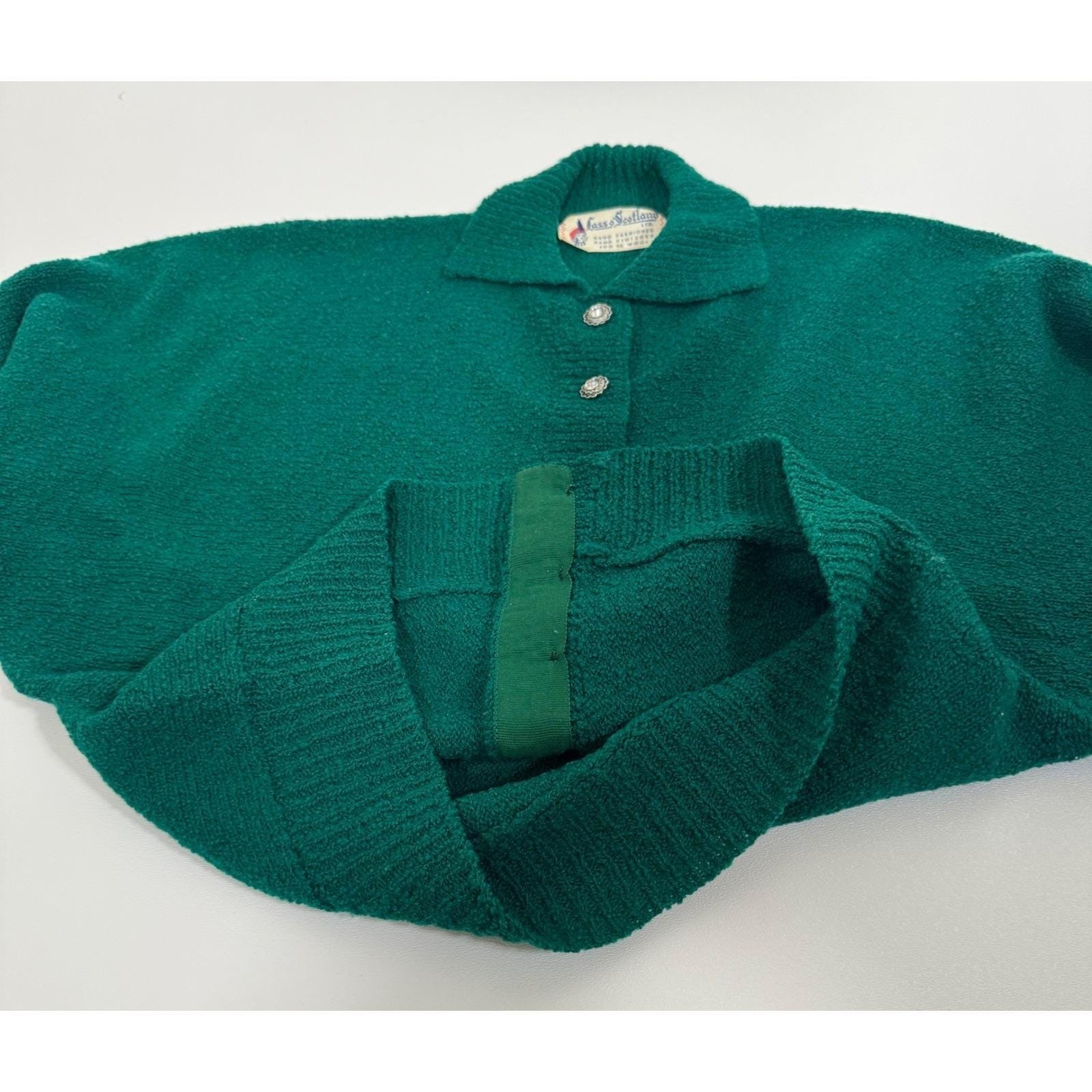 Vtg Lass O Scotland 100% Wool 2 Piece Skirt Set Emerald Green Rhinestone Small