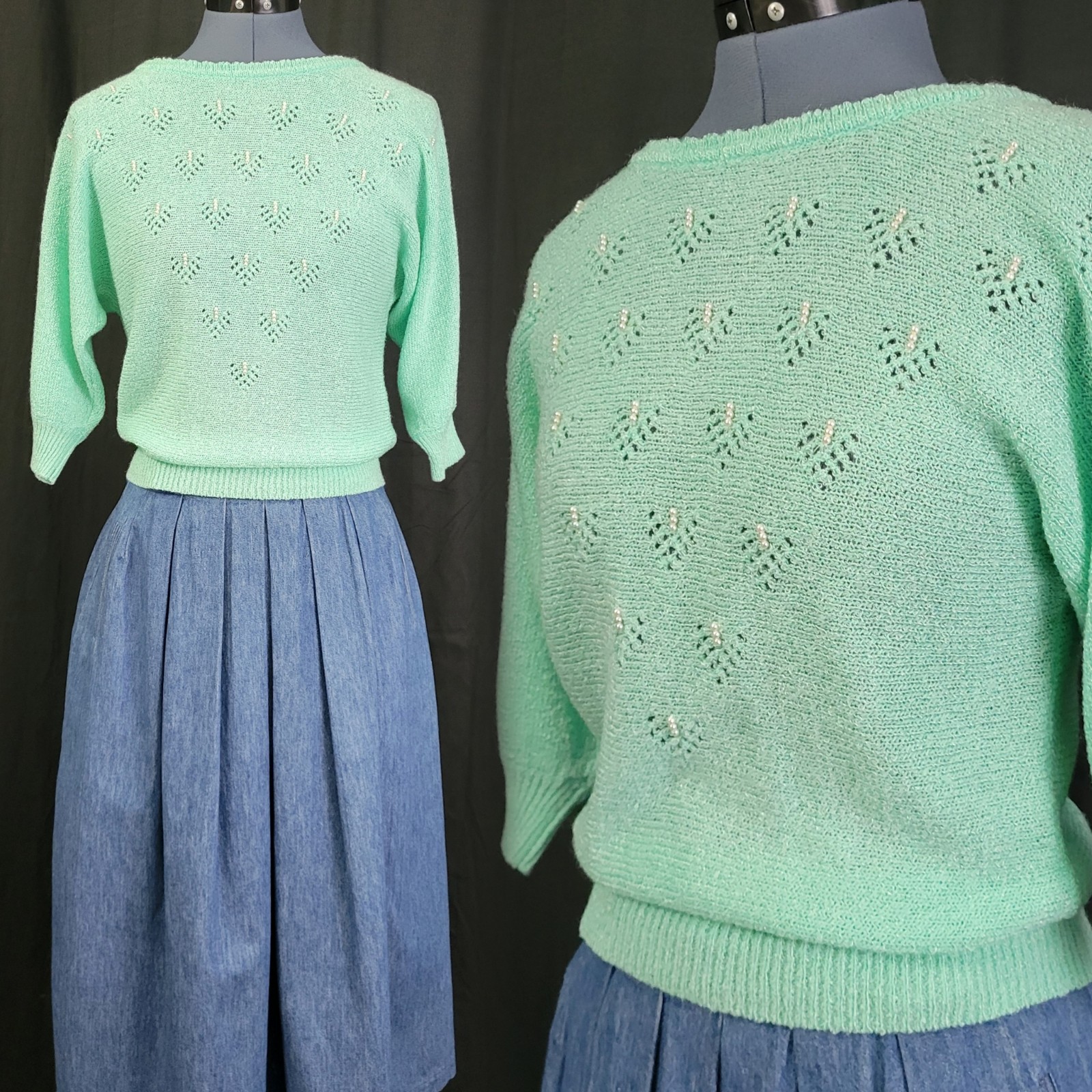 Vintage Jean Nicole Lightweight Mint Green Sweater w Pearl Accents Size S