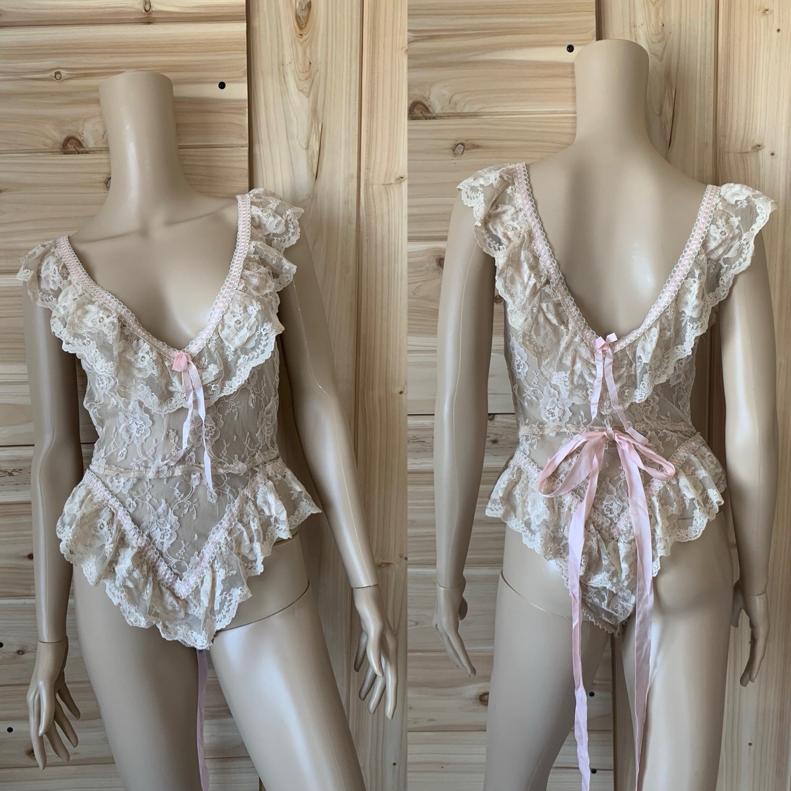 Vintage 70s 80s Designer Emil Bole Tan Beige nude Floral Lace Teddy W Ribbons