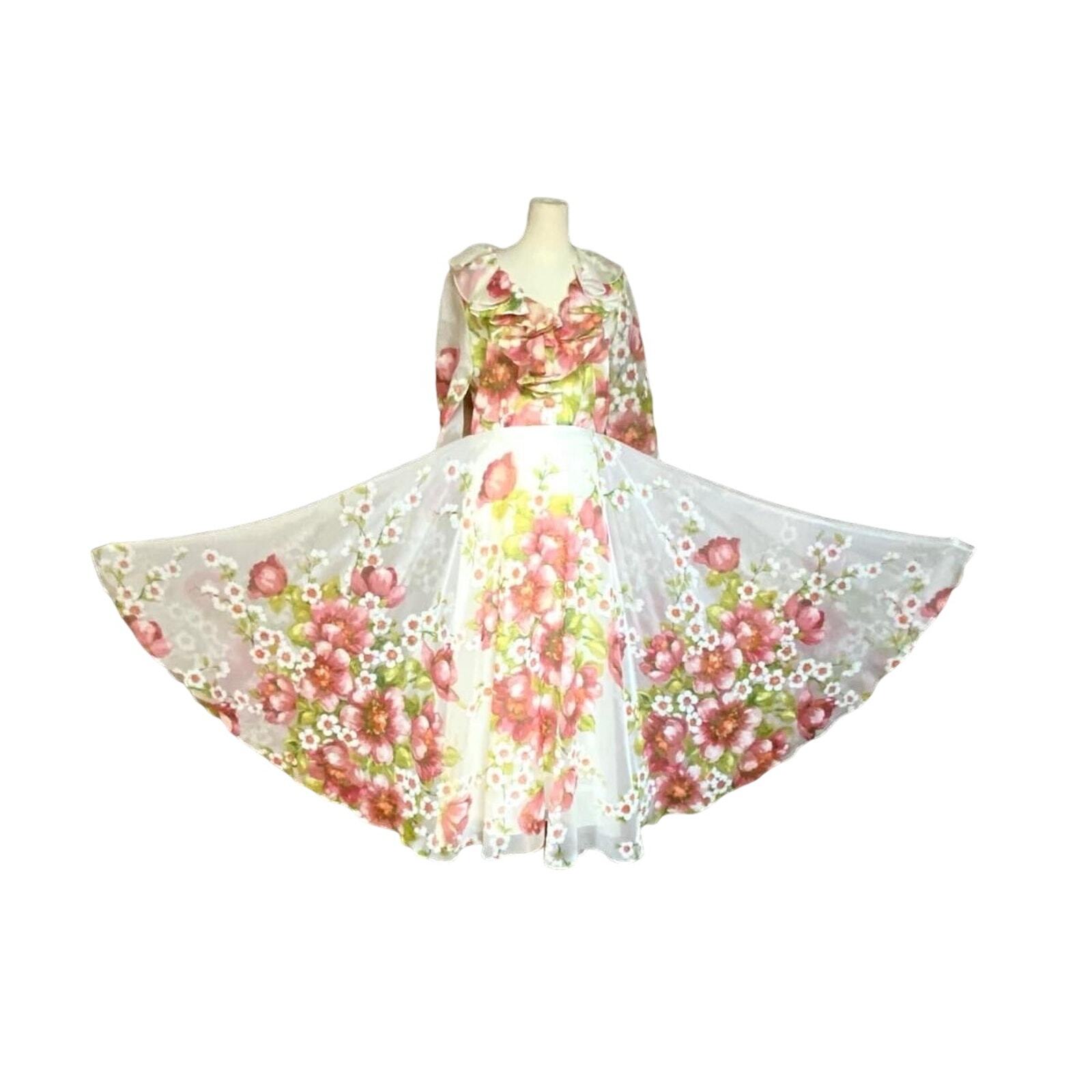 Vintage 70’s Floral Organza Long Gown Ruffle Detail VTG 12