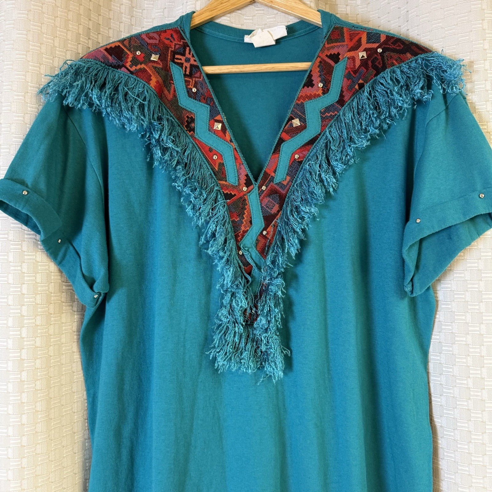 Vintage 80’s USA Joanie W Southwestern Fringe Turquoise Cowgirl Studded L Shirt