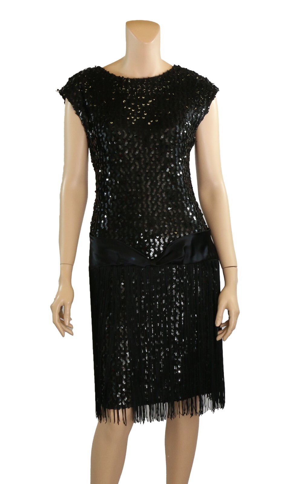 GlenRob Vintage 80s Black Sequin Fringe Sexy Prom Party Dress size 9-10
