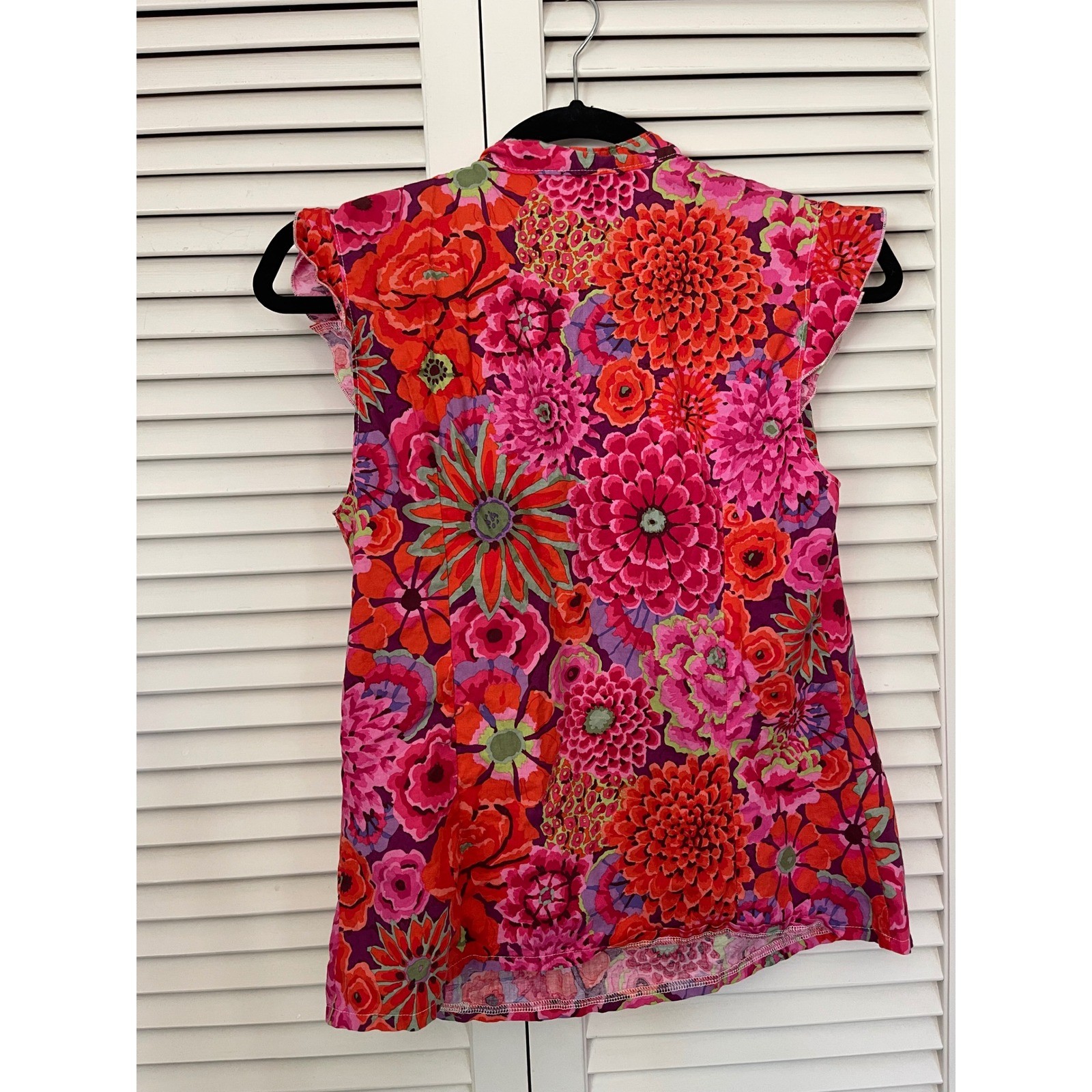 Vintage-Style Boho Maximalist Floral Tie-Neck Blouse, Ruffle Sleeve Top, Sz M