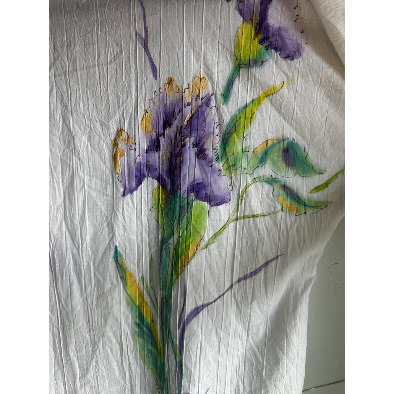 Vintage Hand Painted Iris Cover Up Tunic Boho Artwear Coastal Grandma One Size