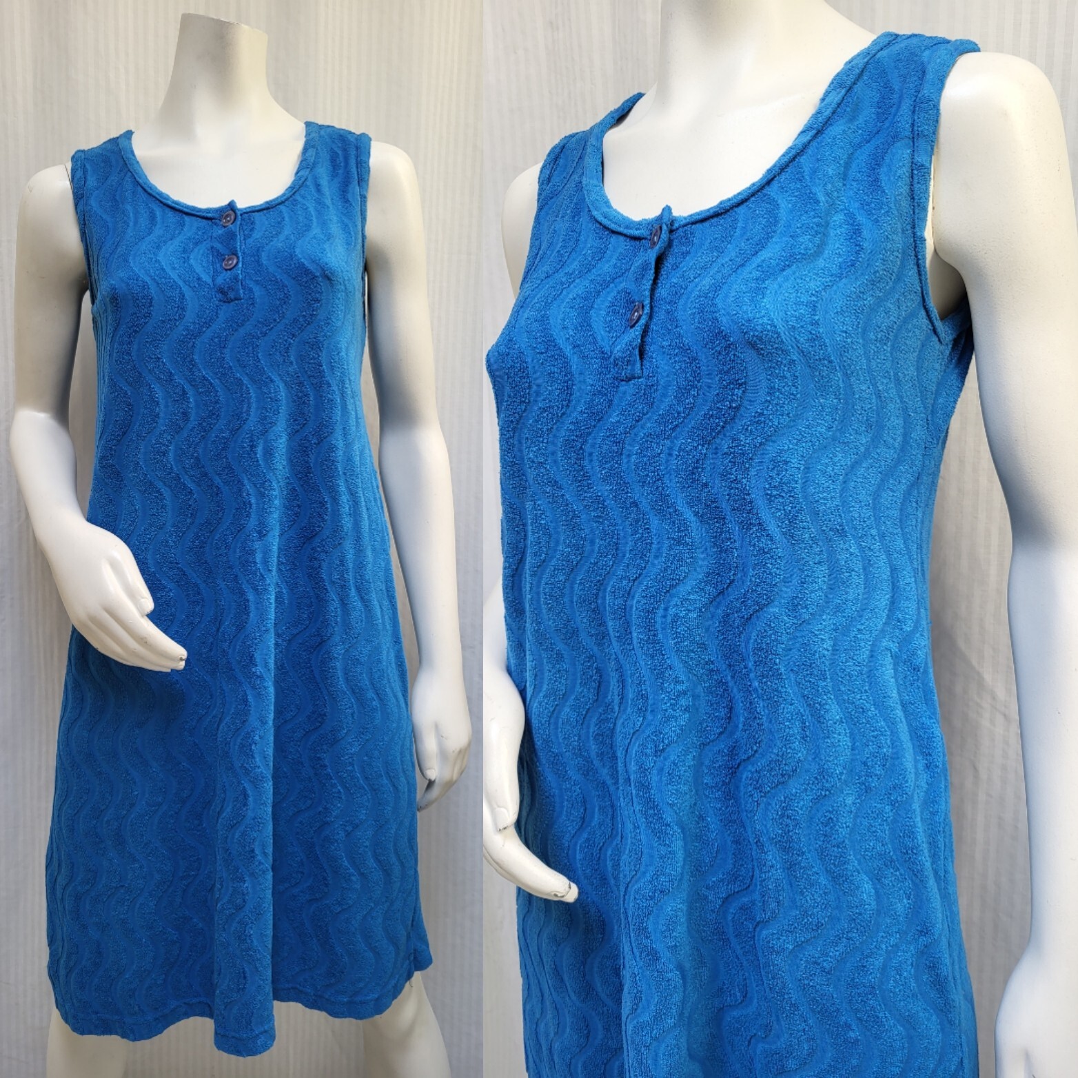 Vintage Blue Terry Cloth „Squiggle” Swim Cover Up Lounge Dress – Size M – EUC