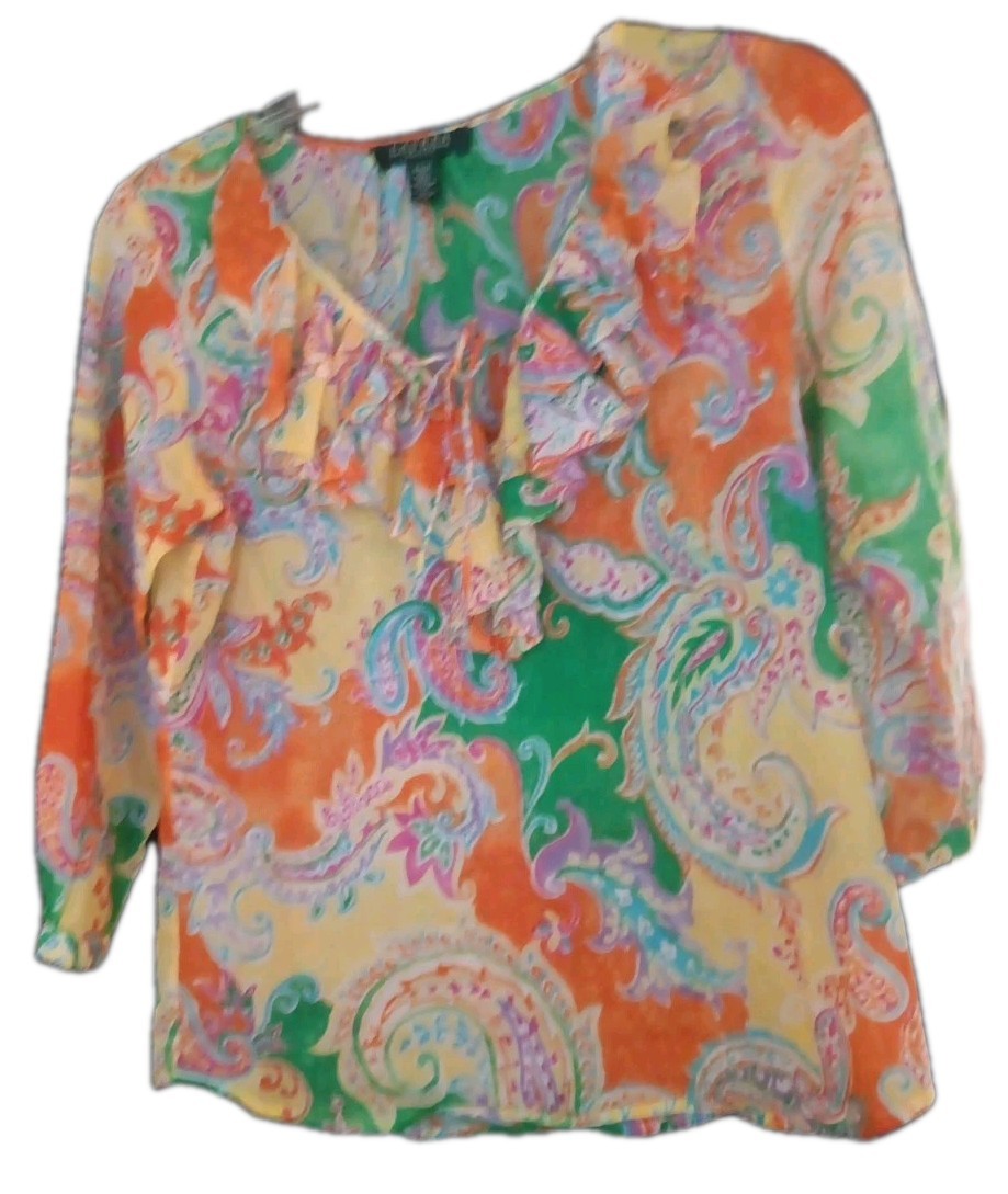 Vintage Lauren Ralph Lauren Ruffle Abstract Poet Blouse Petite Small Art to Wear