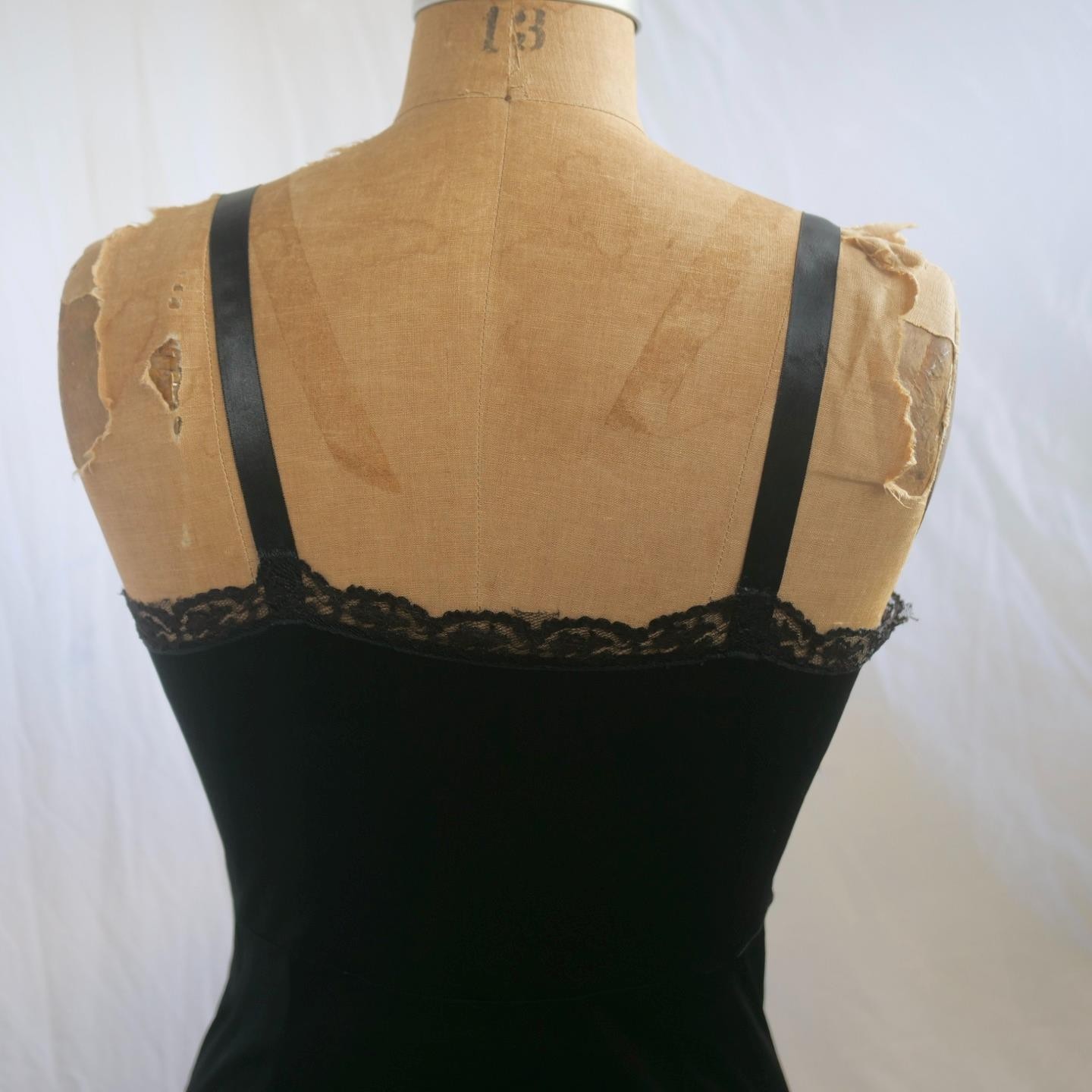 Vintage 60s DIXIE BELLE Black Acetate Tricot Full Slip Dress Floral LACE 34 S/M