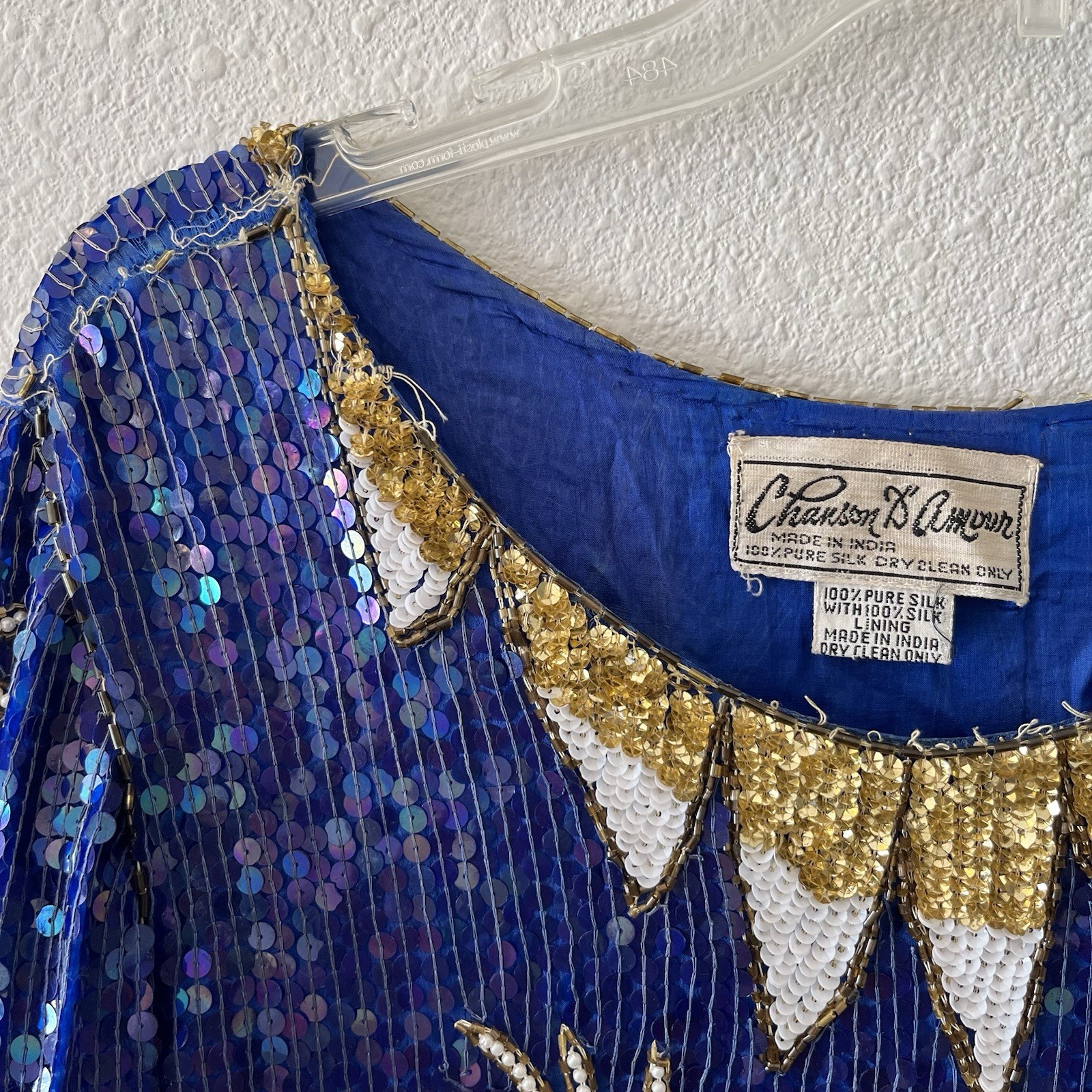Vintage 80’s Chanson D’Amour Womens Flapper Dress 100% Silk Sequin Beaded Blue