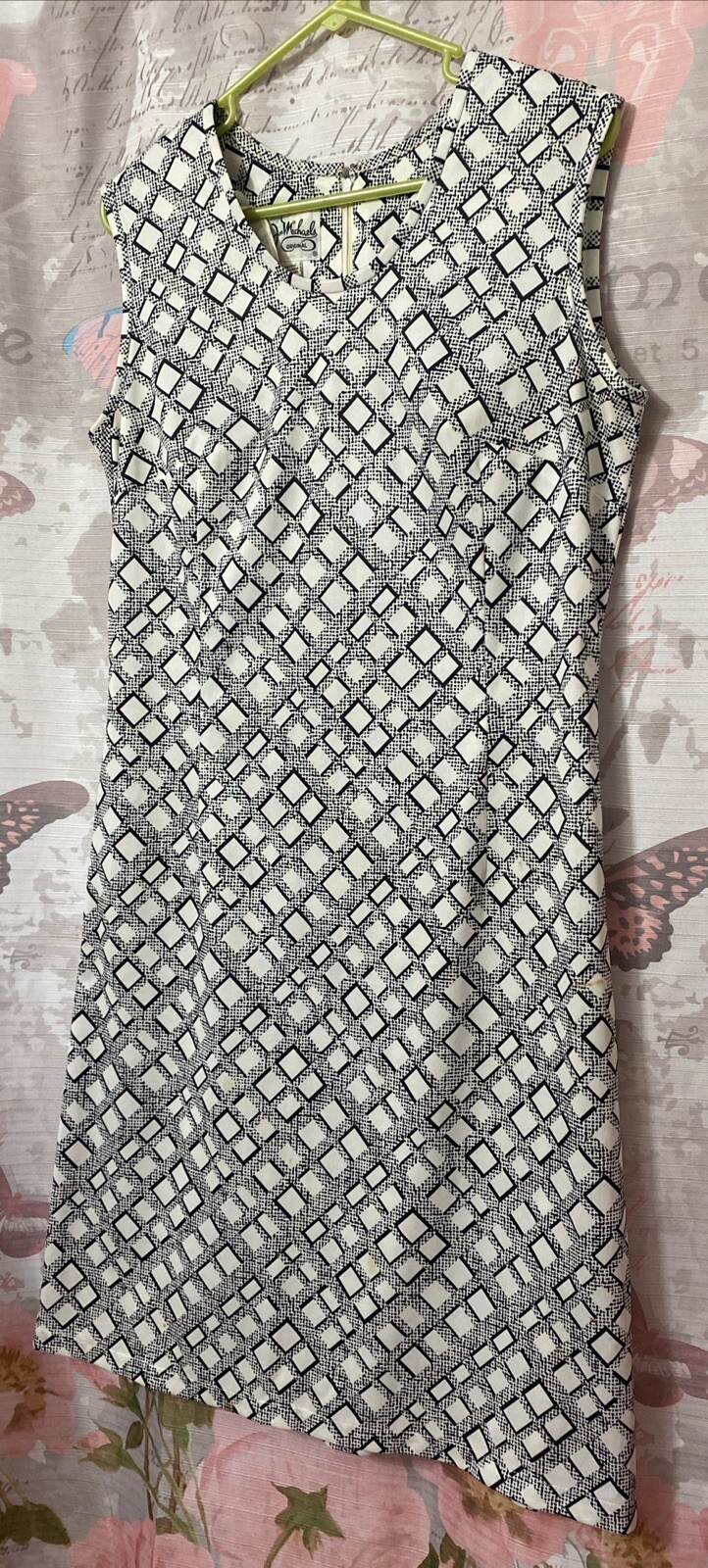 VTG 60’s JON MICHAELS Pencil Sleeveless Dress Women’s 14 White/Black~UNION MADE