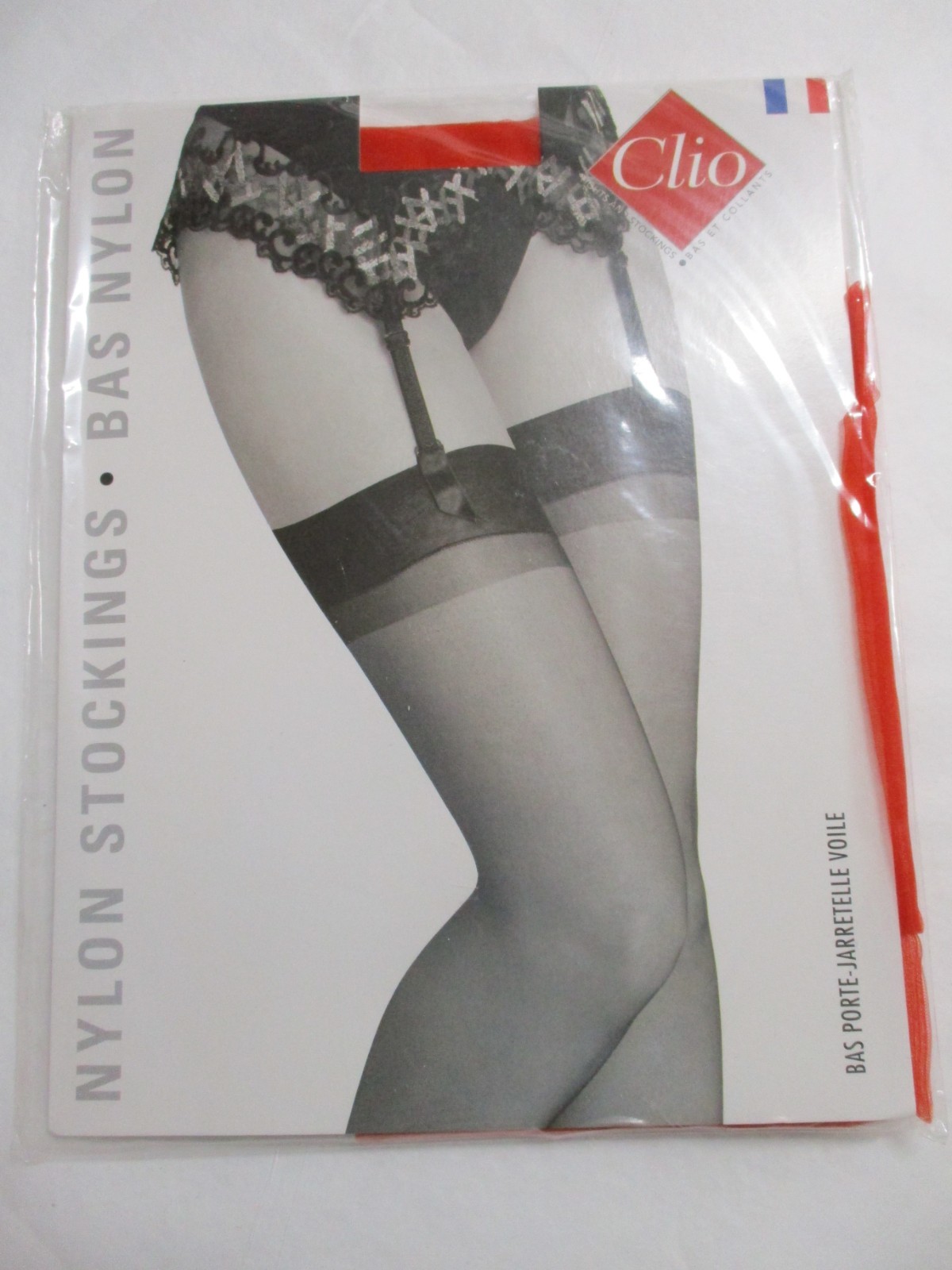 1PR VINTAGE CLIO FRENC RHT SHEER SHINY FLAT KNIT NYLON STOCKINGS 11 LONG 40″ RED