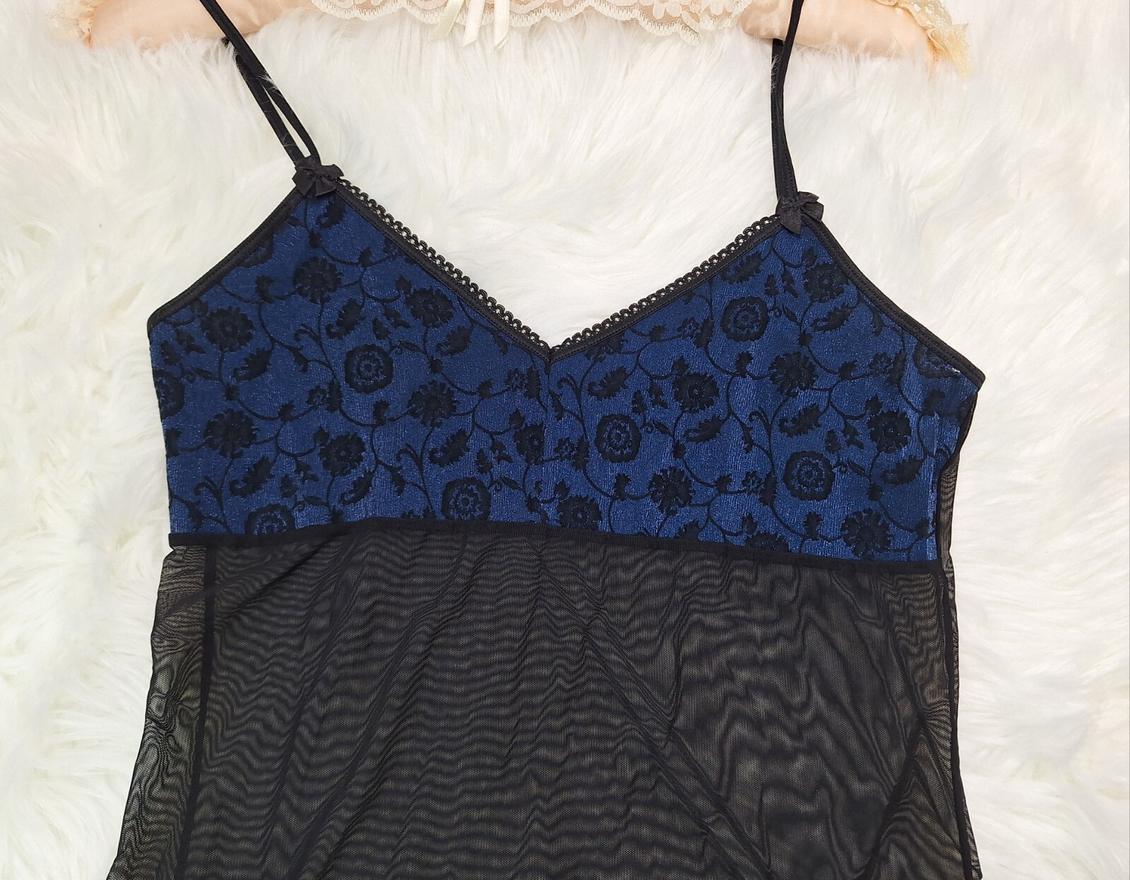 Vintage Blue & Black Lingerie Nightie Negligee with Spaghetti Straps, Size M/6