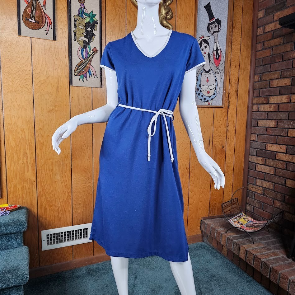 Vtg 70s Disco V Neck Navy Blue Ringer T-Shirt Threes Company Retro Sun Dress M/L