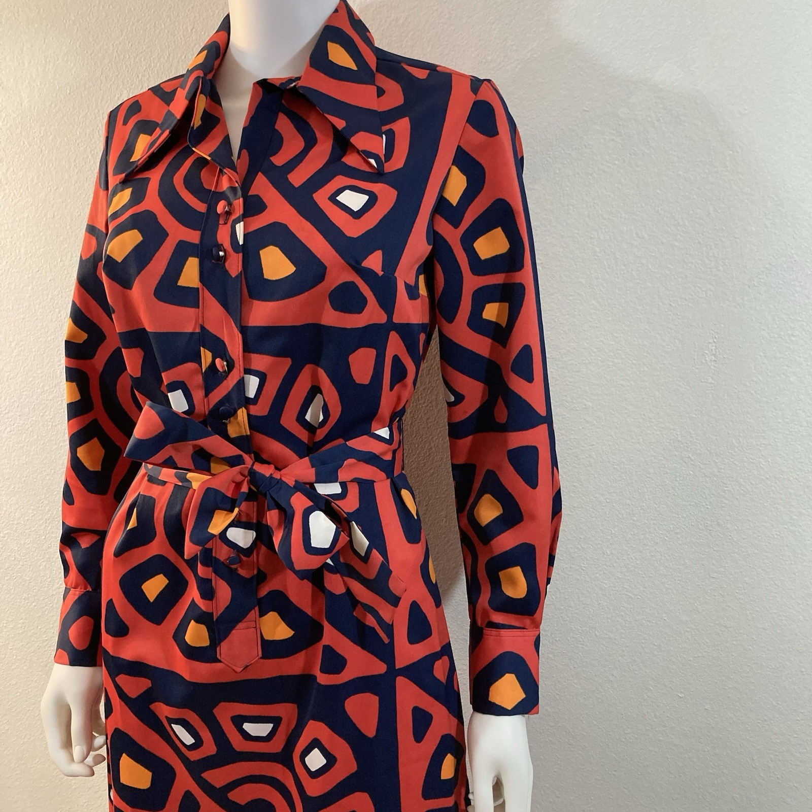 Lanvin Paris Mod Belted Shirt Dress 1970s Vintage Long Sleeve, Dagger Collar, 10