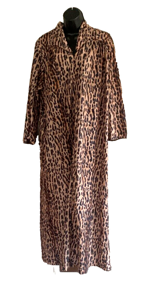Vtg Cheetah Animal Print Velour Long Robe 3/4 Zip House Coat Herbcraft Sz M