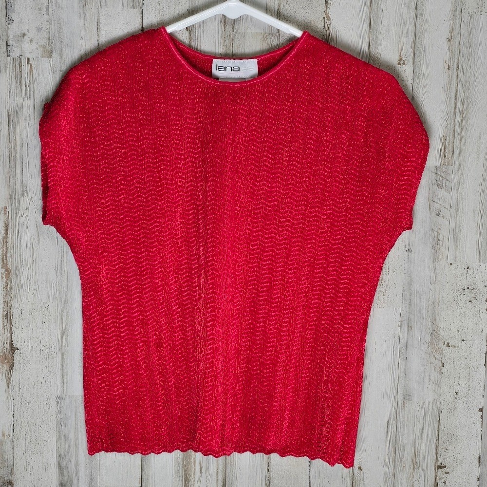 Lana Lee Vintage Bright Red Crinkle Short Sleeve Y2K Scalloped Shirt Small