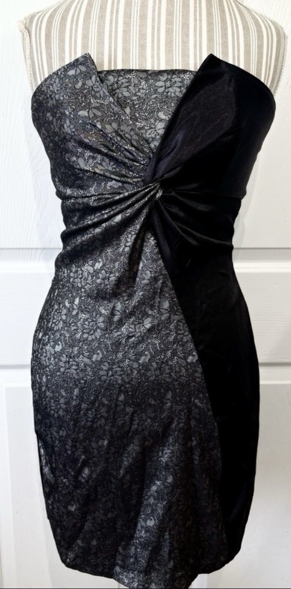 Vintage Y2K Black Strapless Lace Satin Mini Dress Indie Sleaze Punk Goth~7/8