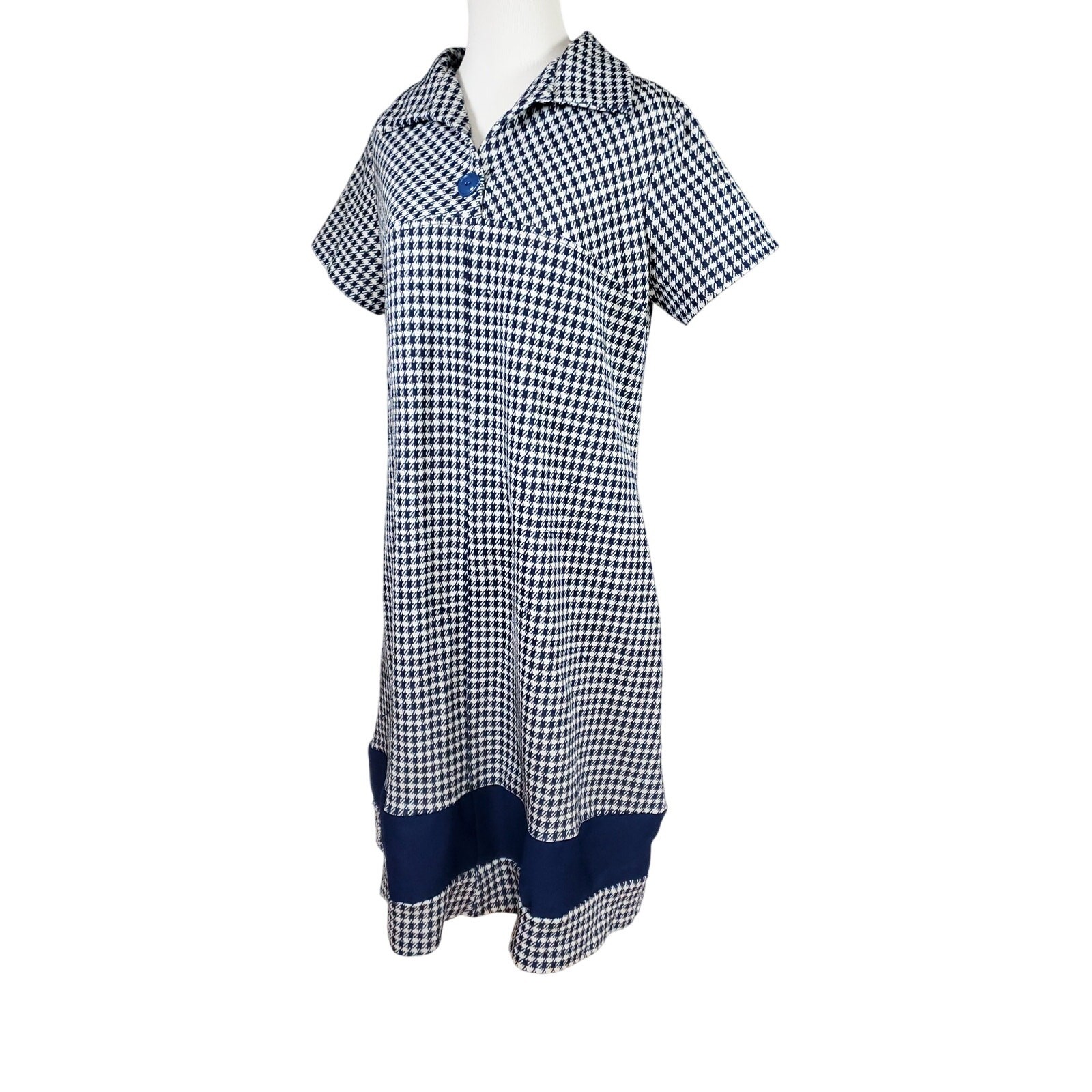 Vintage 1970s Retro BlueWhite Geometric Print Shift Shirt Dress Short Sleeve M
