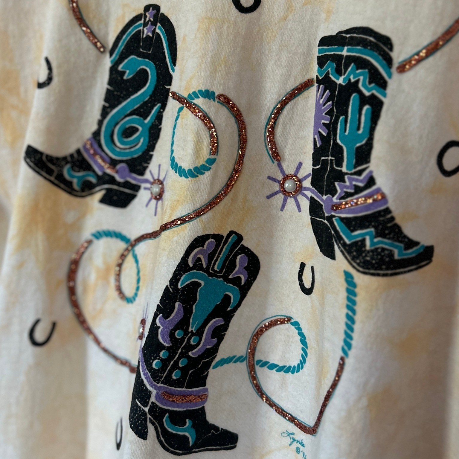 Vintage 90s Cowboy Boots Western T Shirt M Cotton Glitter Puff Paint Lynée USA