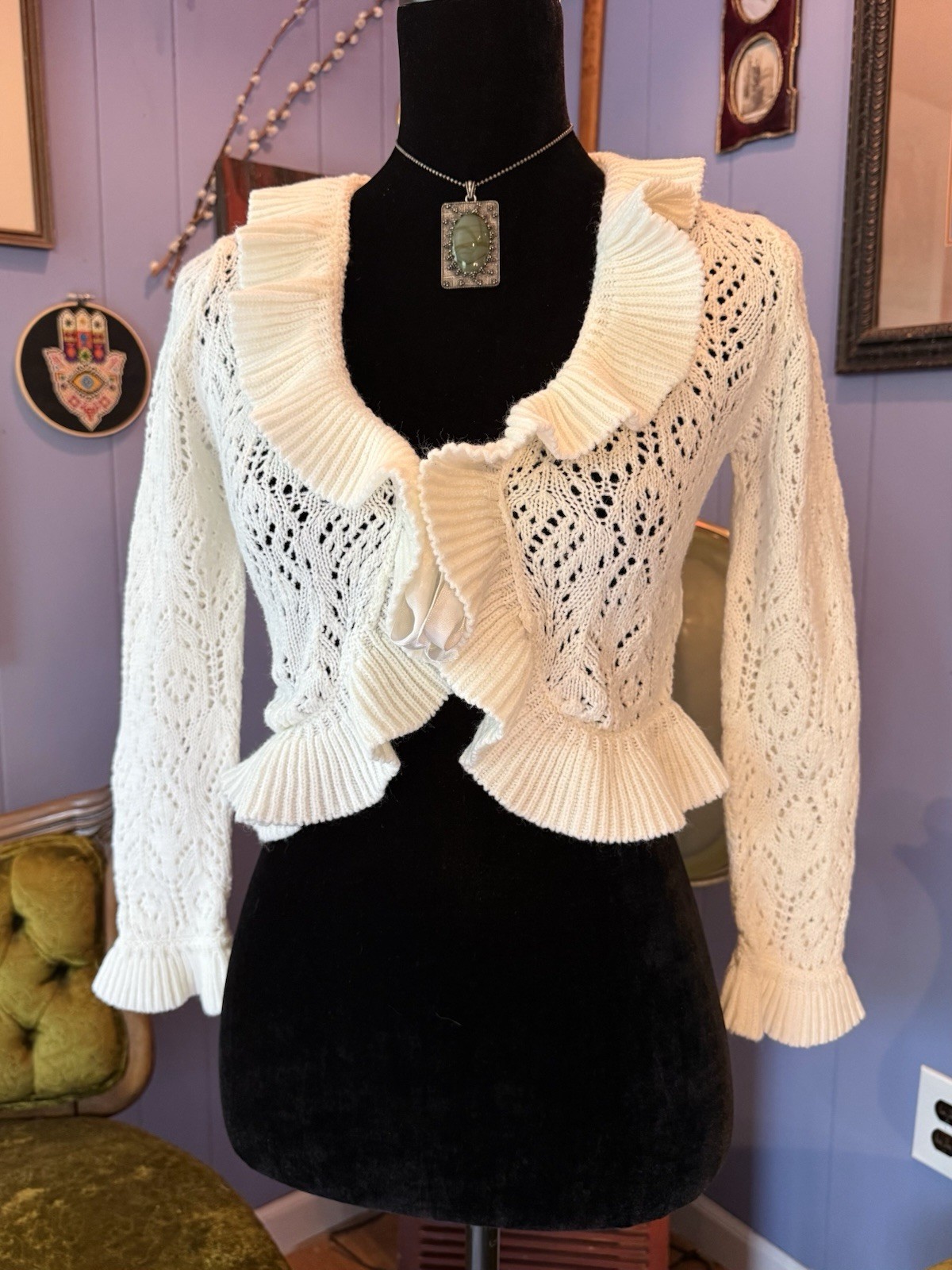 Vintage 90s/Y2K Amy Byer Coquette Cropped Crochet Ruffle Romantic Cardigan Sm