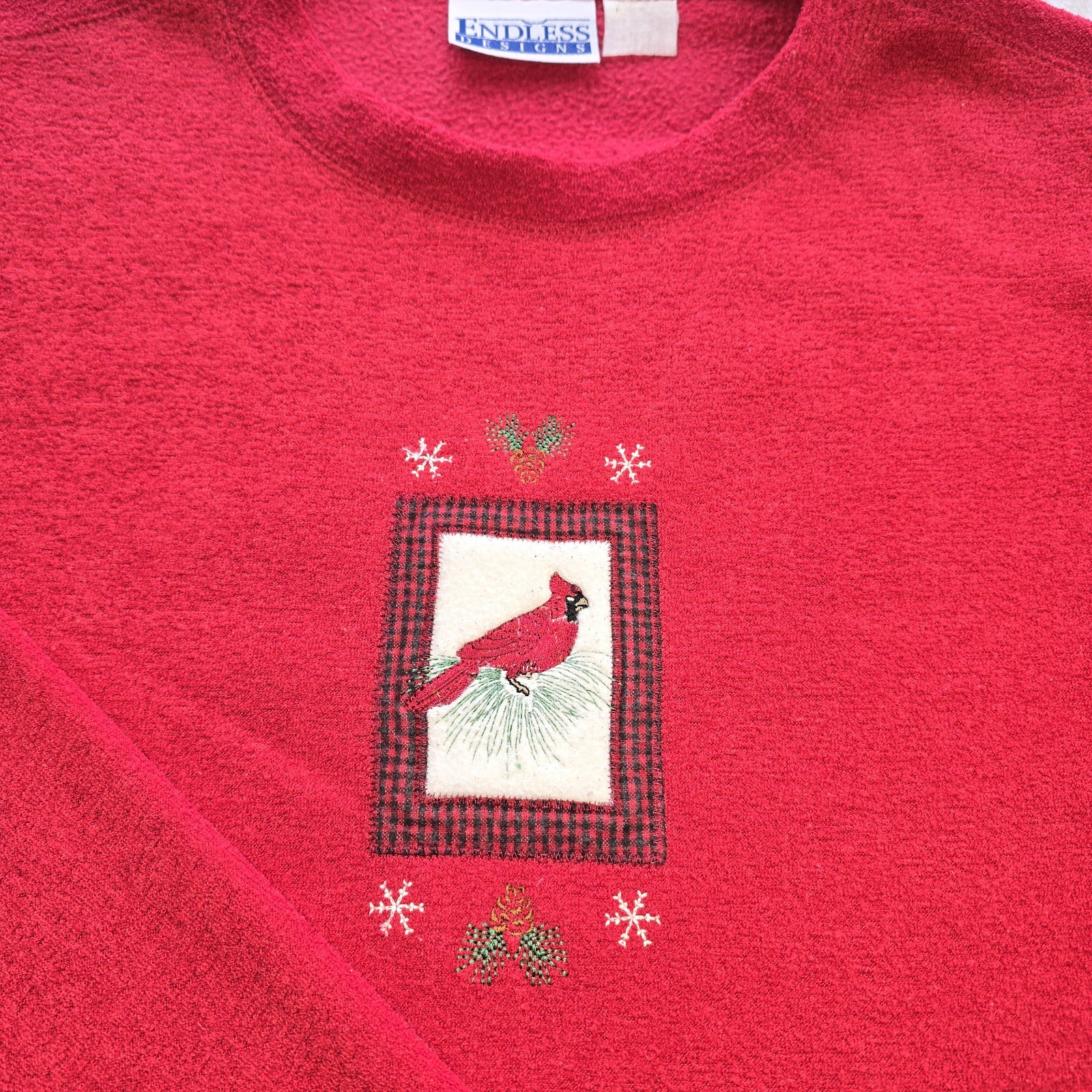 Vtg Endless Designs Red Cardinal Christmas Sweatshirt Embroidered Grannycore