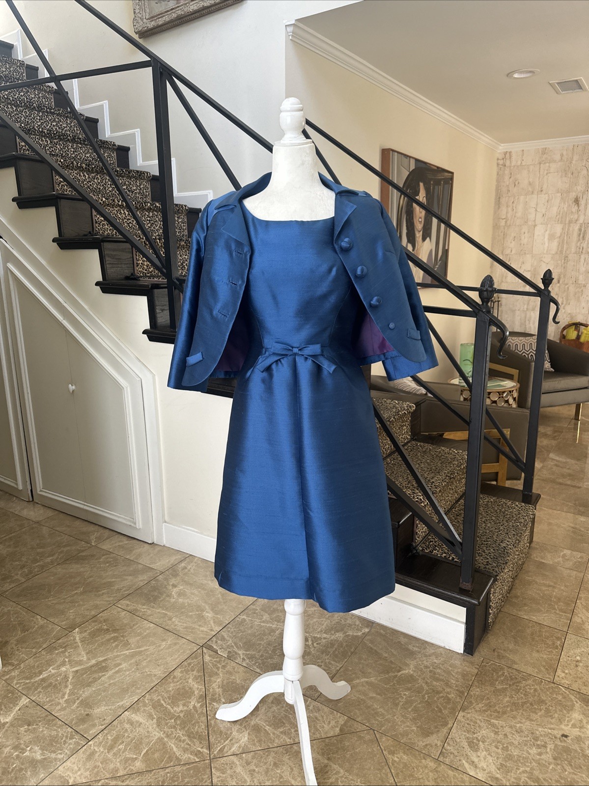 Hannah Troy VTG 50s Marine Blue Stiff Raw Silk Cocktail Dress Short Jacket S