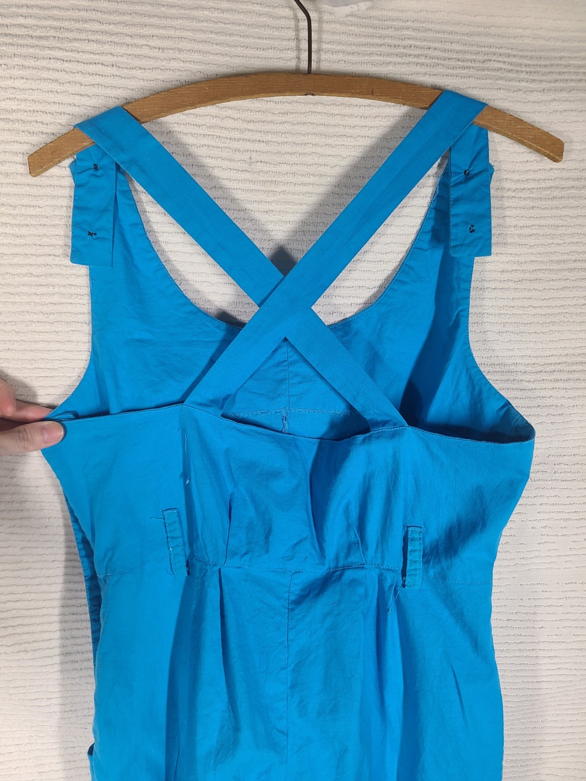 Vtg 80s Cotton Jumpsuit Blue Retro Pinup Juniors 11 M L Cross Back Button Side
