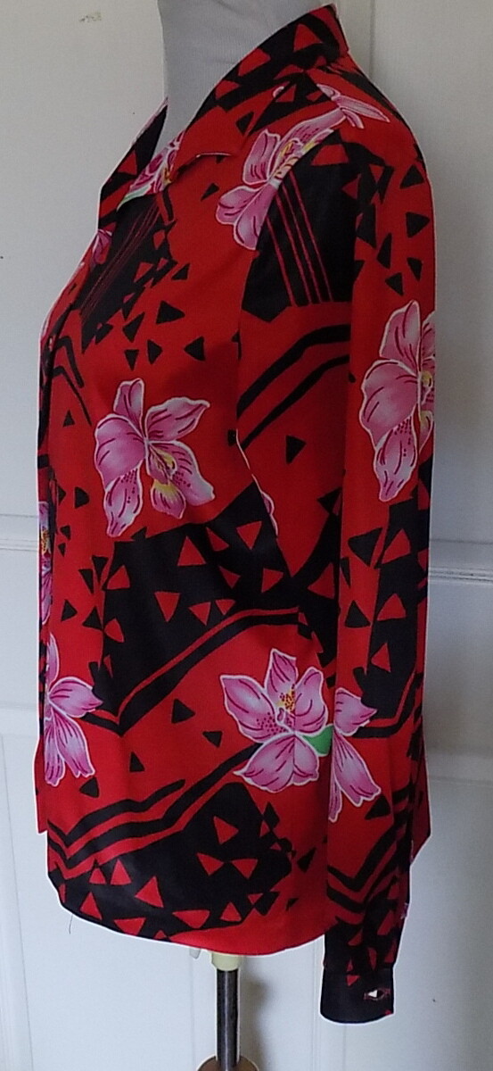 Vintage Red Black Vera Long Sleeved Orchids Blouse Size 16 Lady Bug Label B40 **