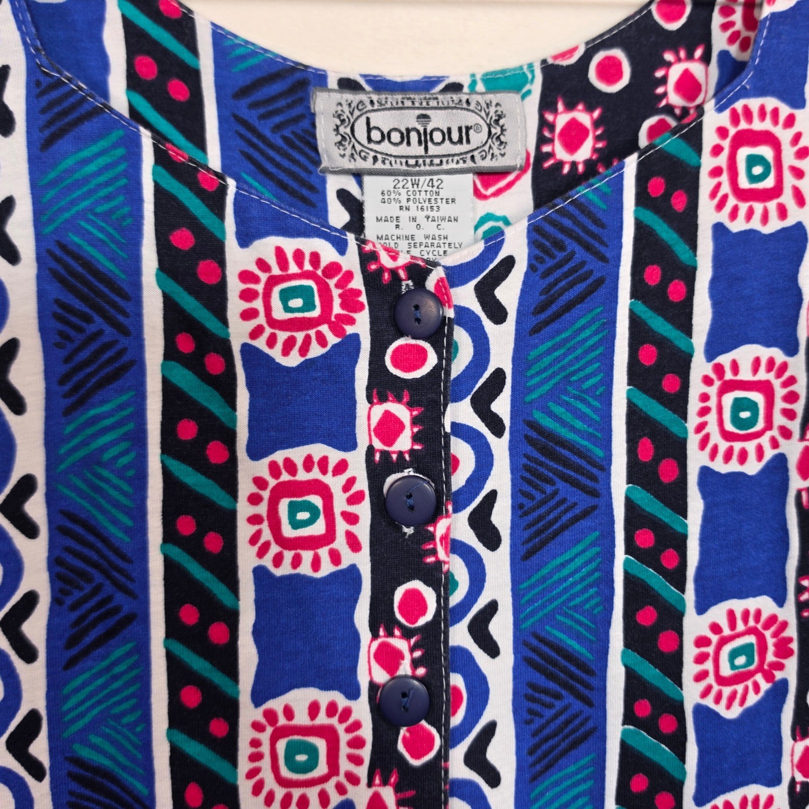 Vintage 90s Bonjour Romper Womens 22W Blue Geometric Boho Festival Y2K Kidcore