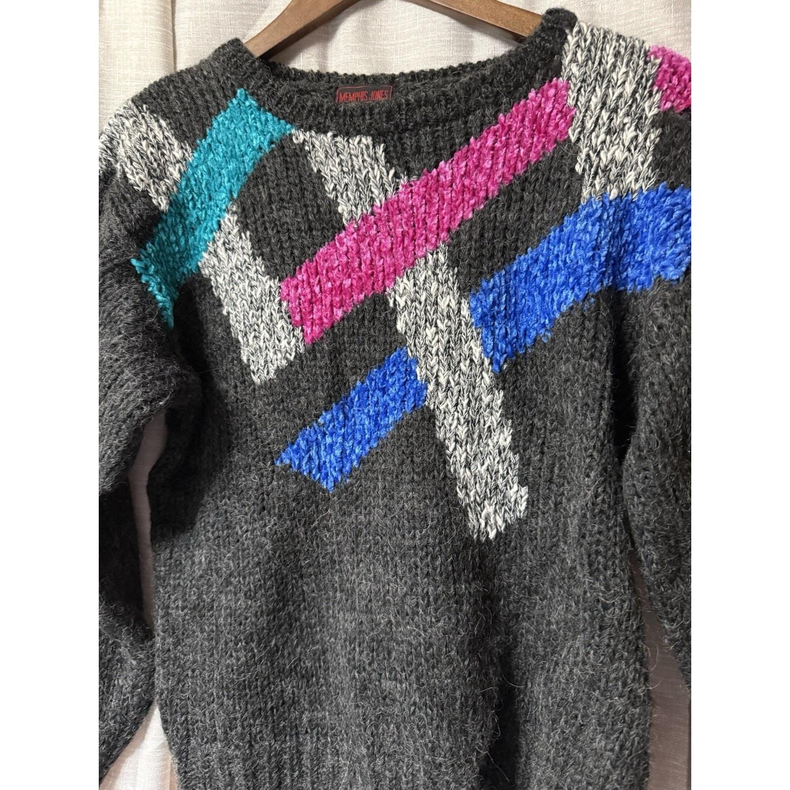 Vtg 80s Pure Wool Memphis Jones Sweater Women Size Medium Black Pink Blue